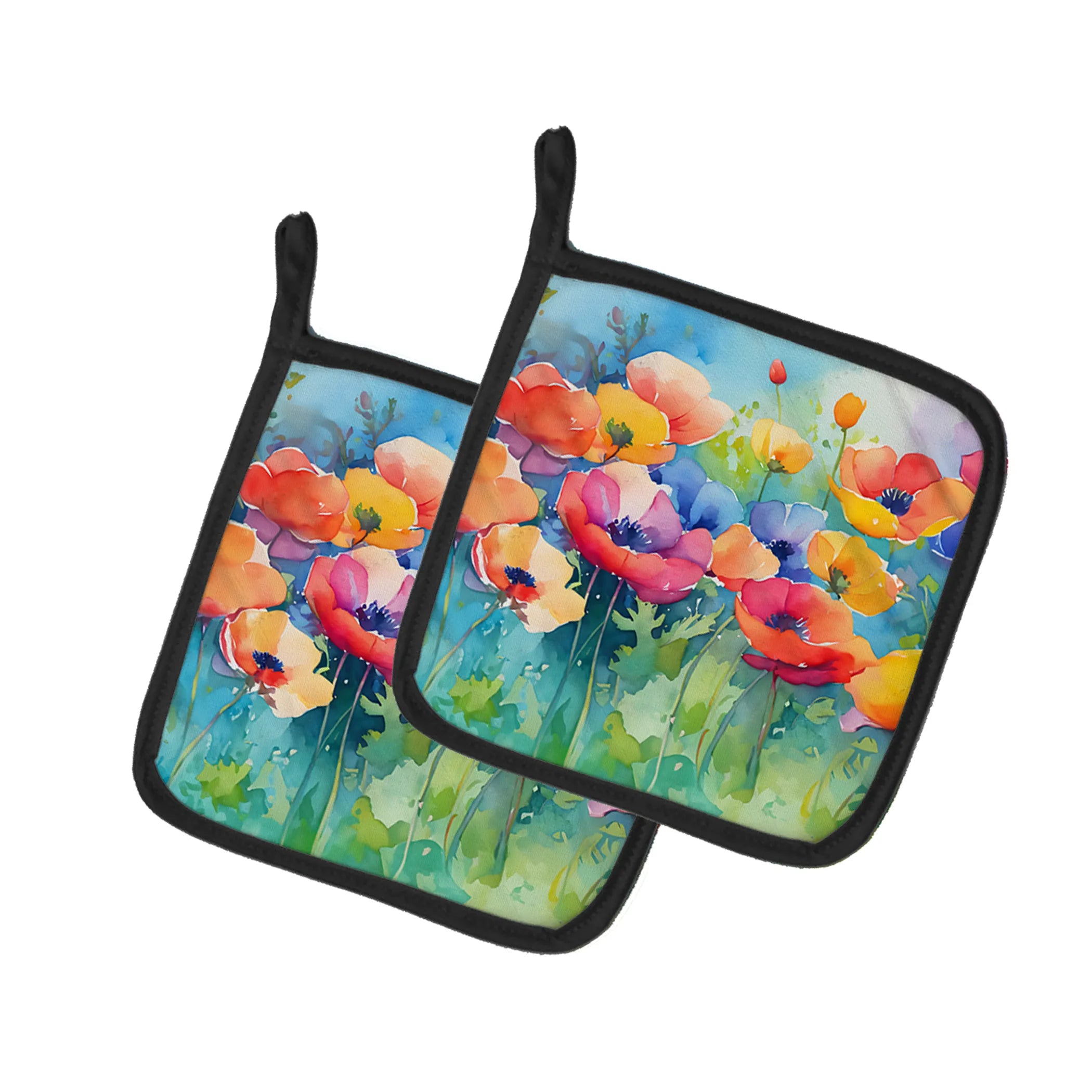 Flowers in Watercolor Pair of Pot Holders - Size: 7.5HX7.5W | Pack Of: 1 | Collection name: Flowers in watercolor