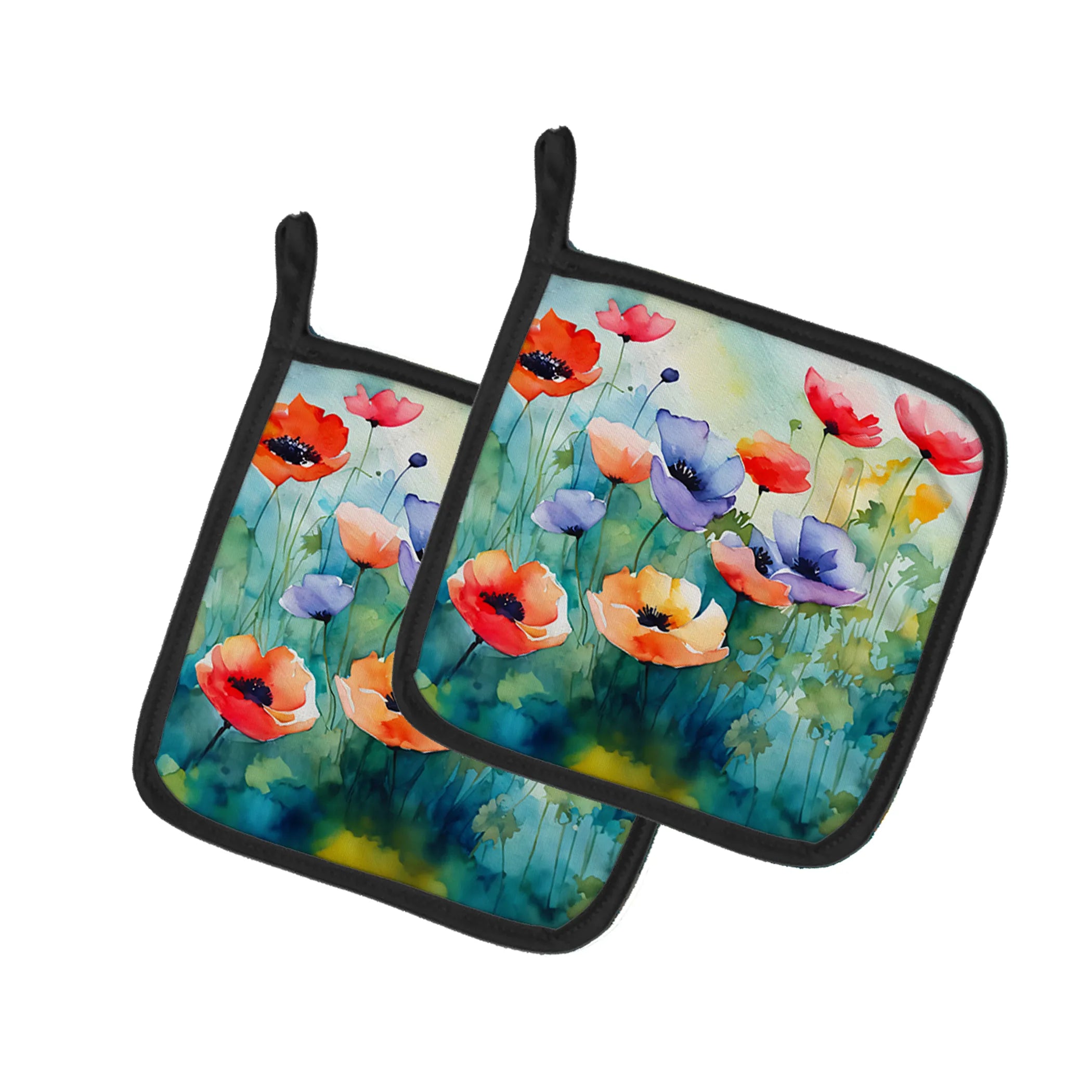 Flowers in Watercolor Pair of Pot Holders - Size: 7.5HX7.5W | Pack Of: 1 | Collection name: Flowers in watercolor