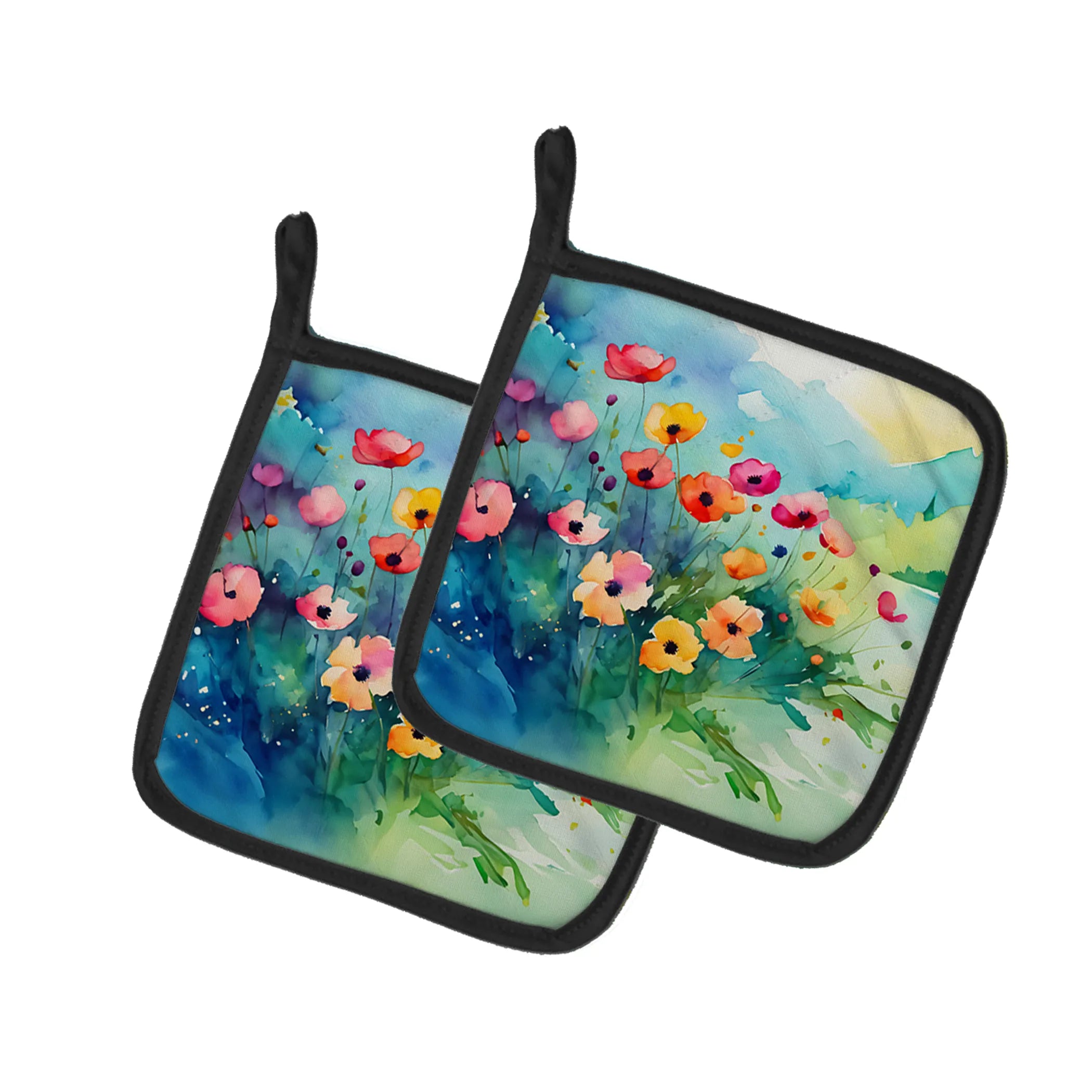 Flowers in Watercolor Pair of Pot Holders - Size: 7.5HX7.5W | Pack Of: 1 | Collection name: Flowers in watercolor