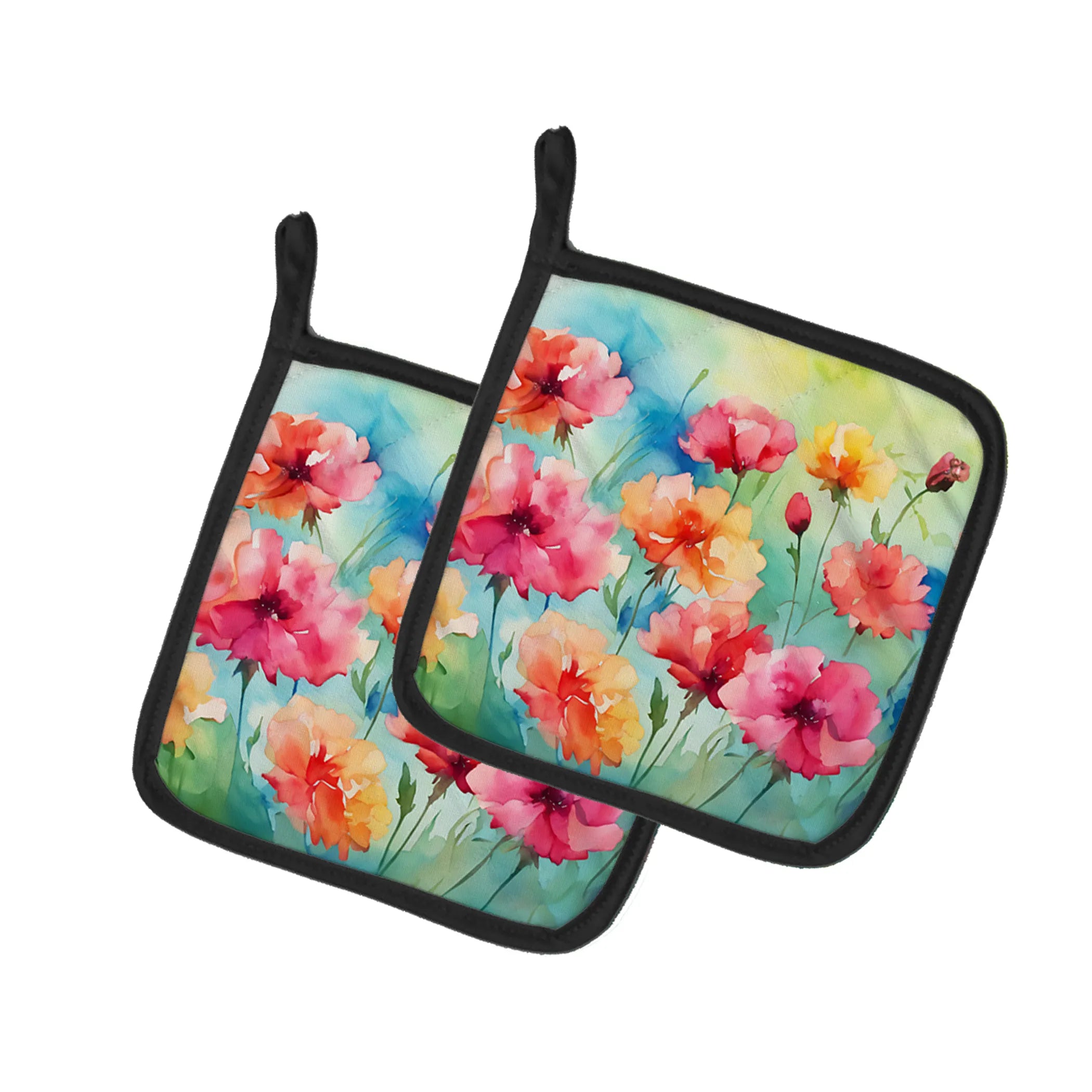 Flowers in Watercolor Pair of Pot Holders - Size: 7.5HX7.5W | Pack Of: 1 | Collection name: Flowers in watercolor
