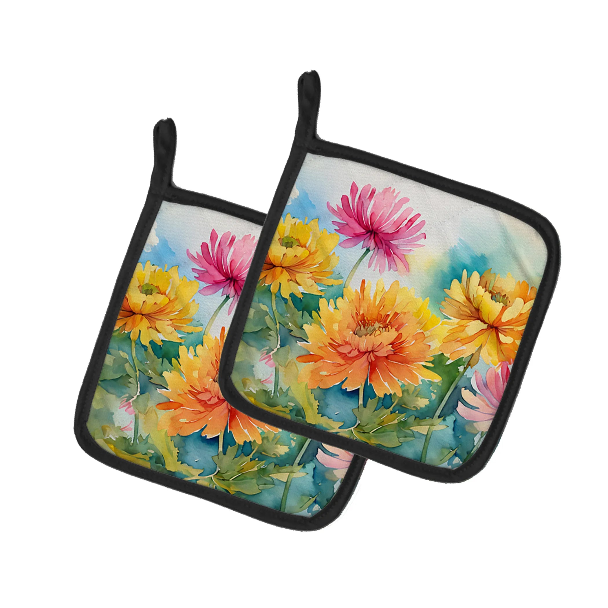 Flowers in Watercolor Pair of Pot Holders - Size: 7.5HX7.5W | Pack Of: 1 | Collection name: Flowers in watercolor