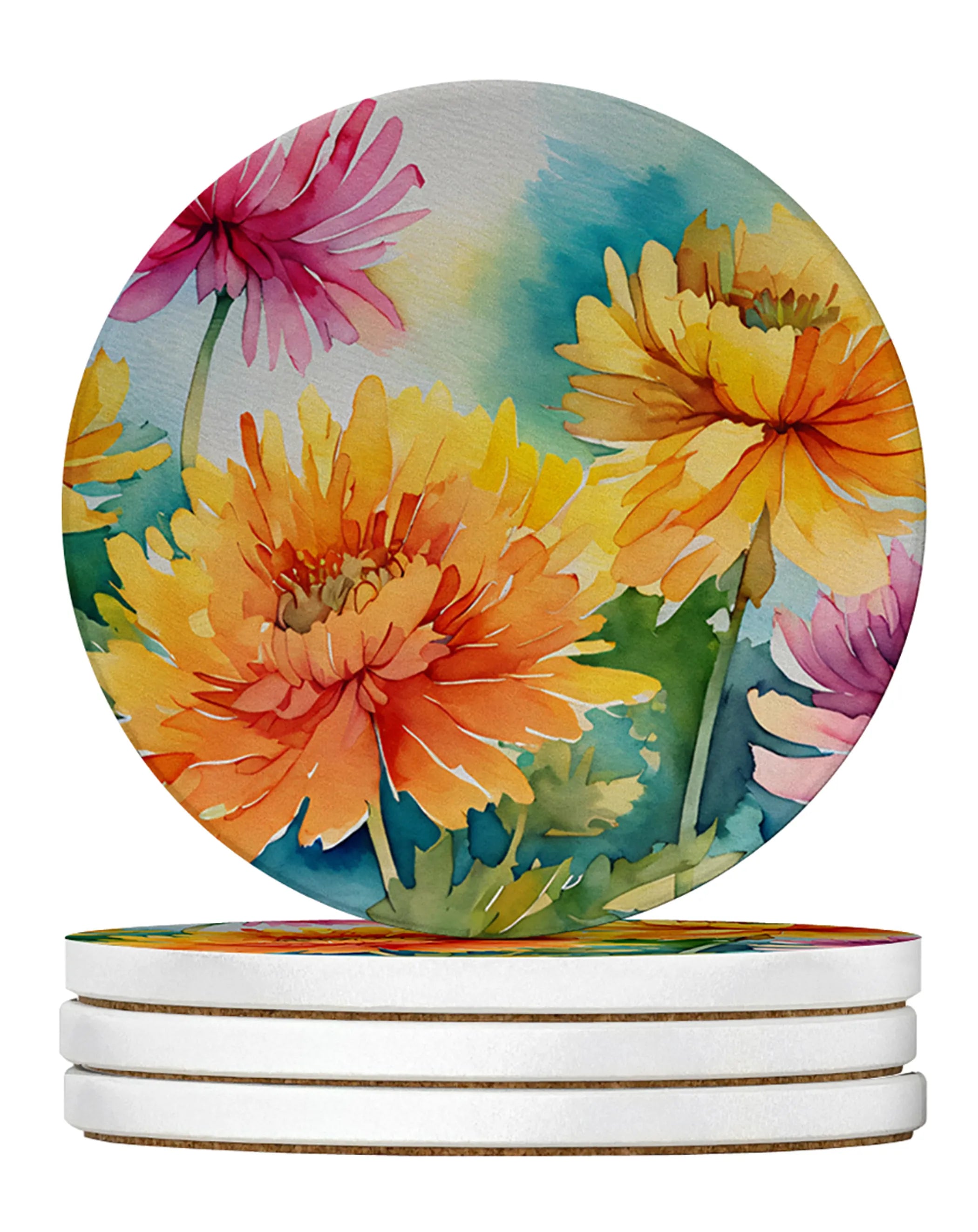 Flowers in Watercolor Large Sandstone Coasters