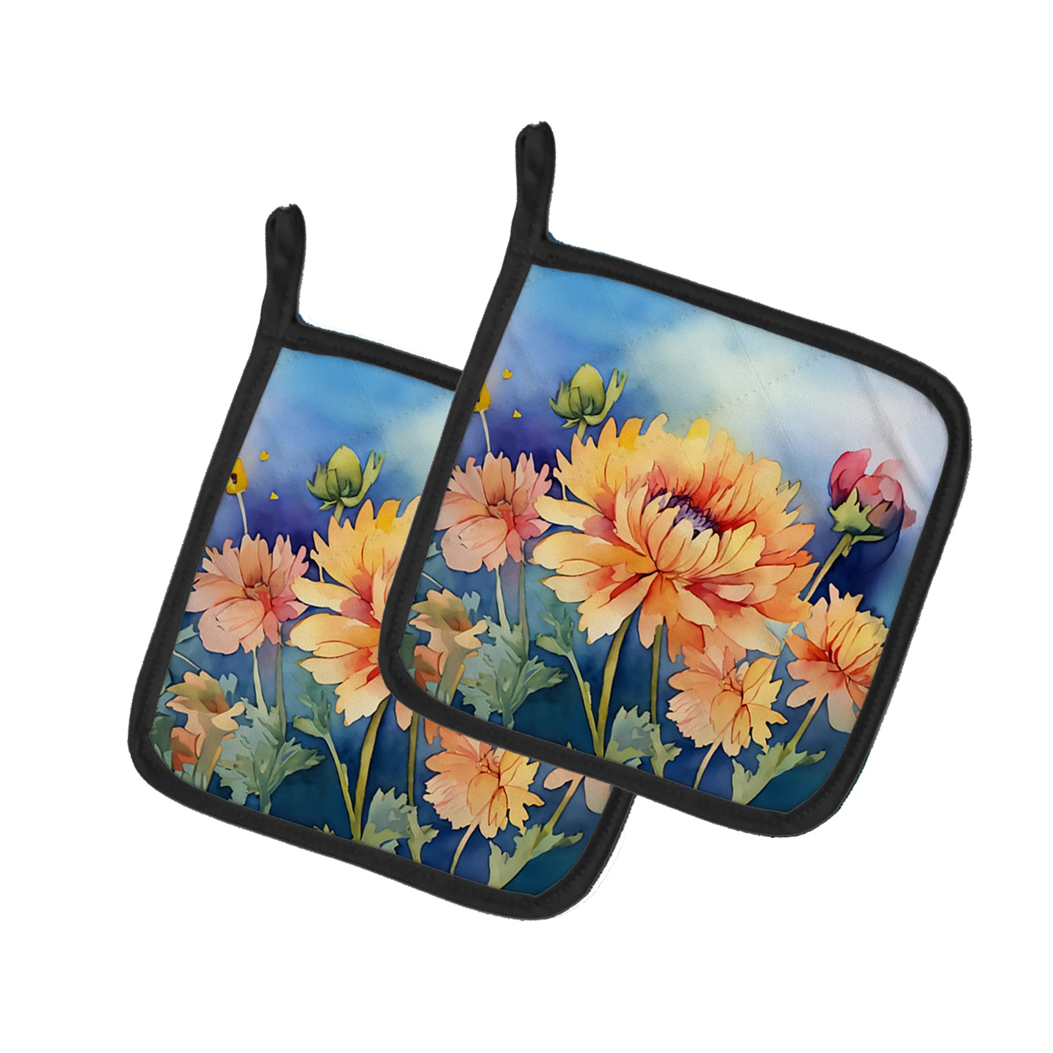 Flowers in Watercolor Pair of Pot Holders - Size: 7.5HX7.5W | Pack Of: 1 | Collection name: Flowers in watercolor