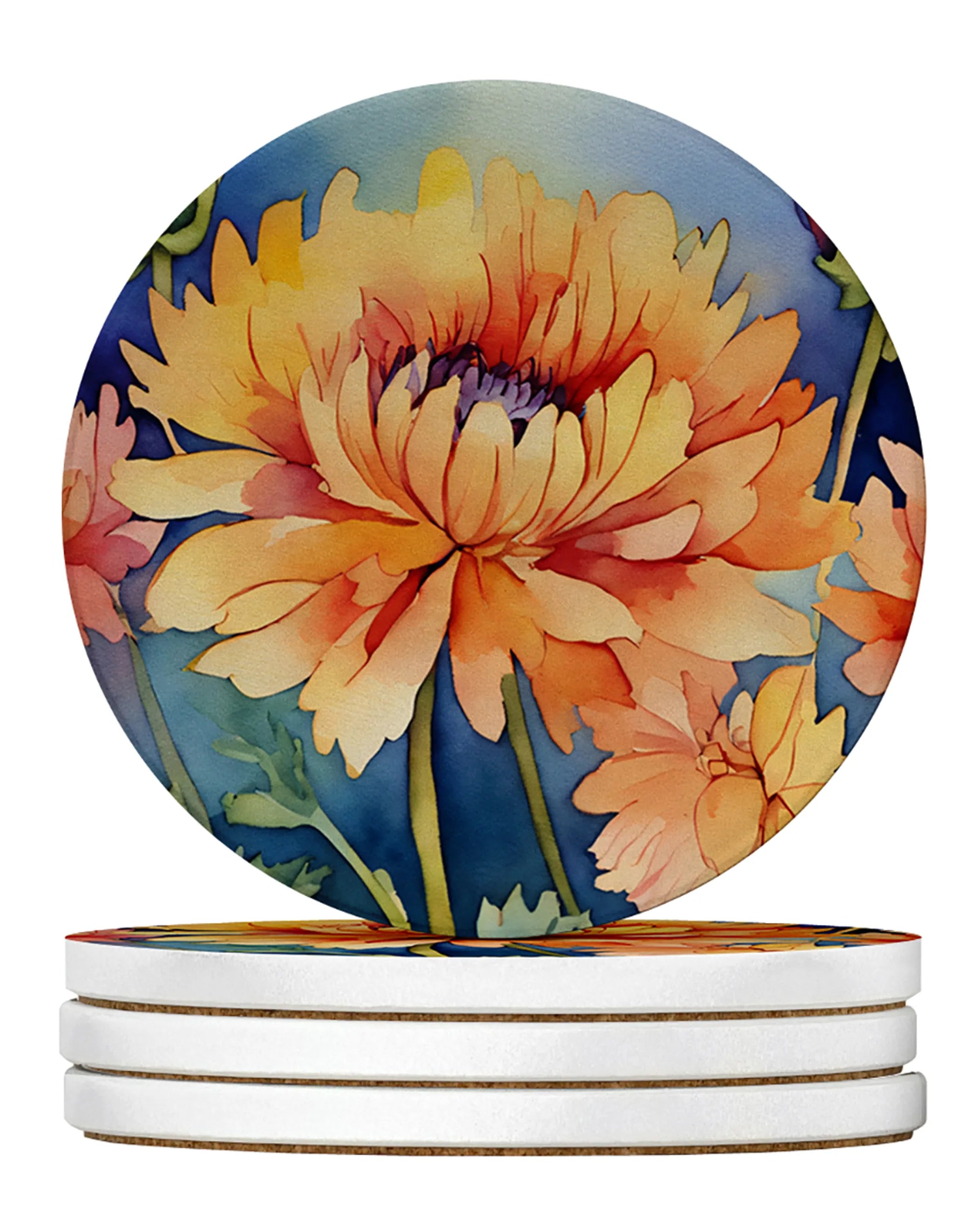 Flowers in Watercolor Large Sandstone Coasters