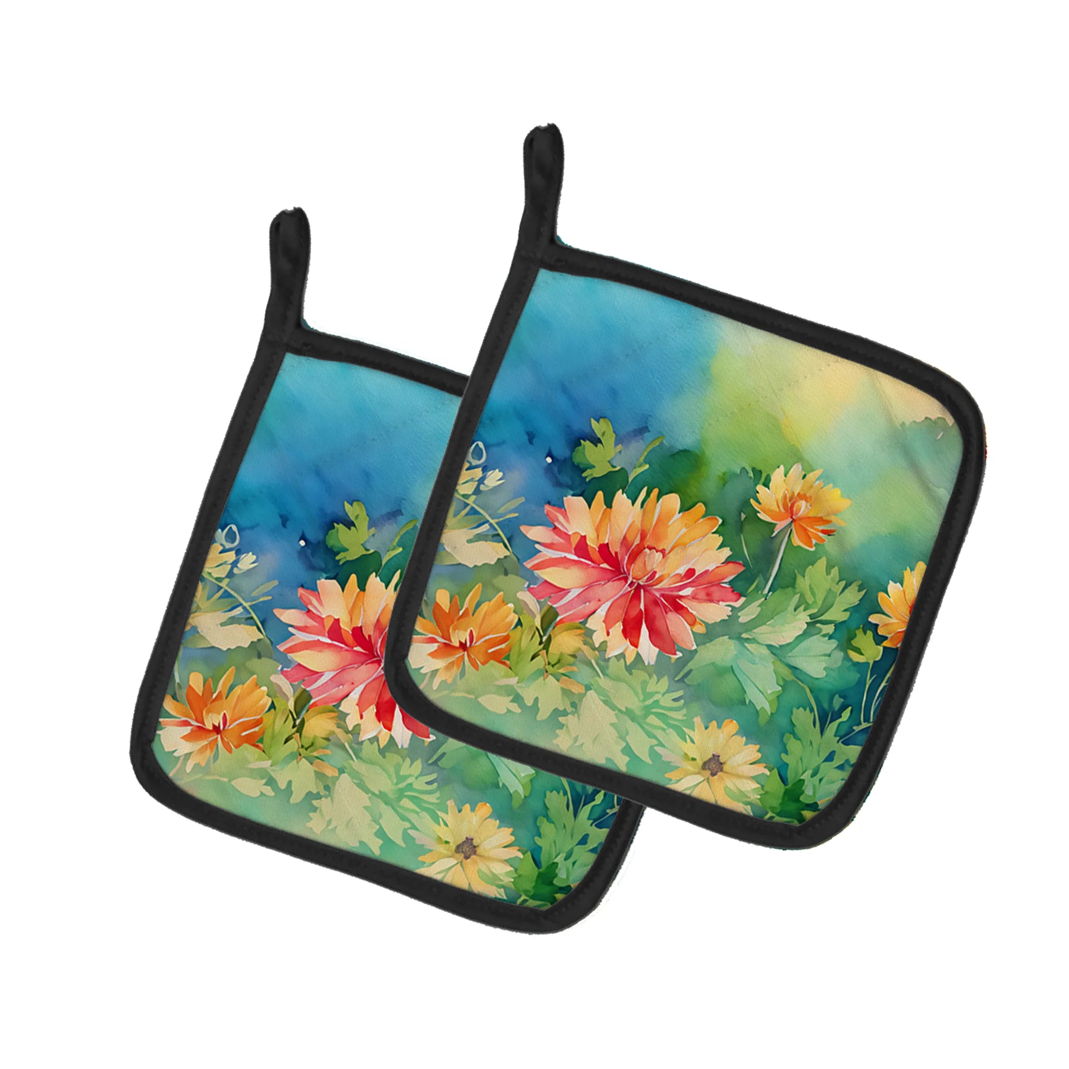 Flowers in Watercolor Pair of Pot Holders - Size: 7.5HX7.5W | Pack Of: 1 | Collection name: Flowers in watercolor