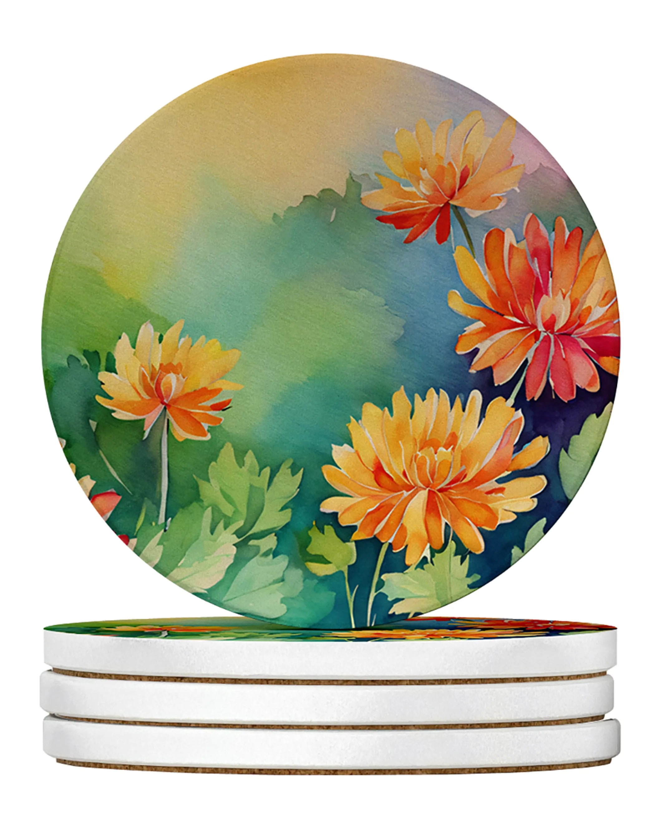 Flowers in Watercolor Large Sandstone Coasters