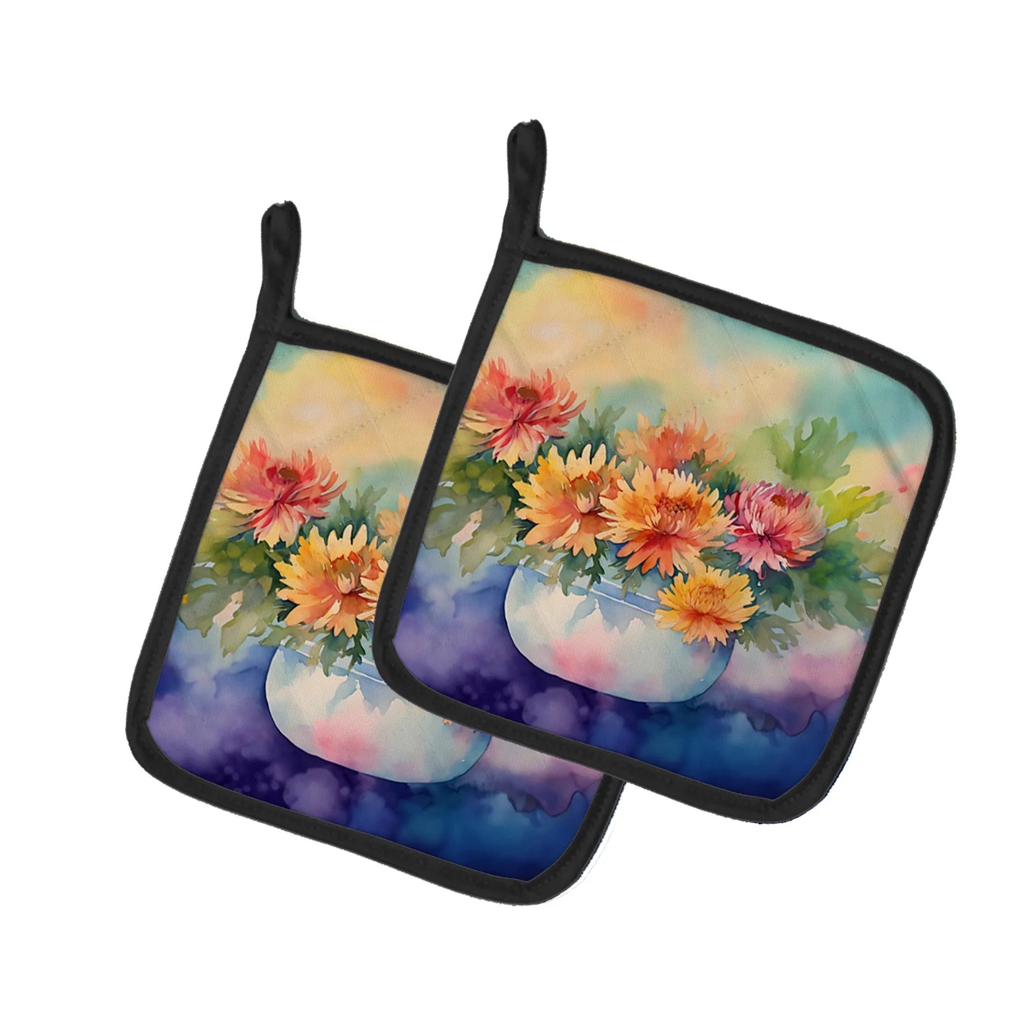 Flowers in Watercolor Pair of Pot Holders - Size: 7.5HX7.5W | Pack Of: 1 | Collection name: Flowers in watercolor
