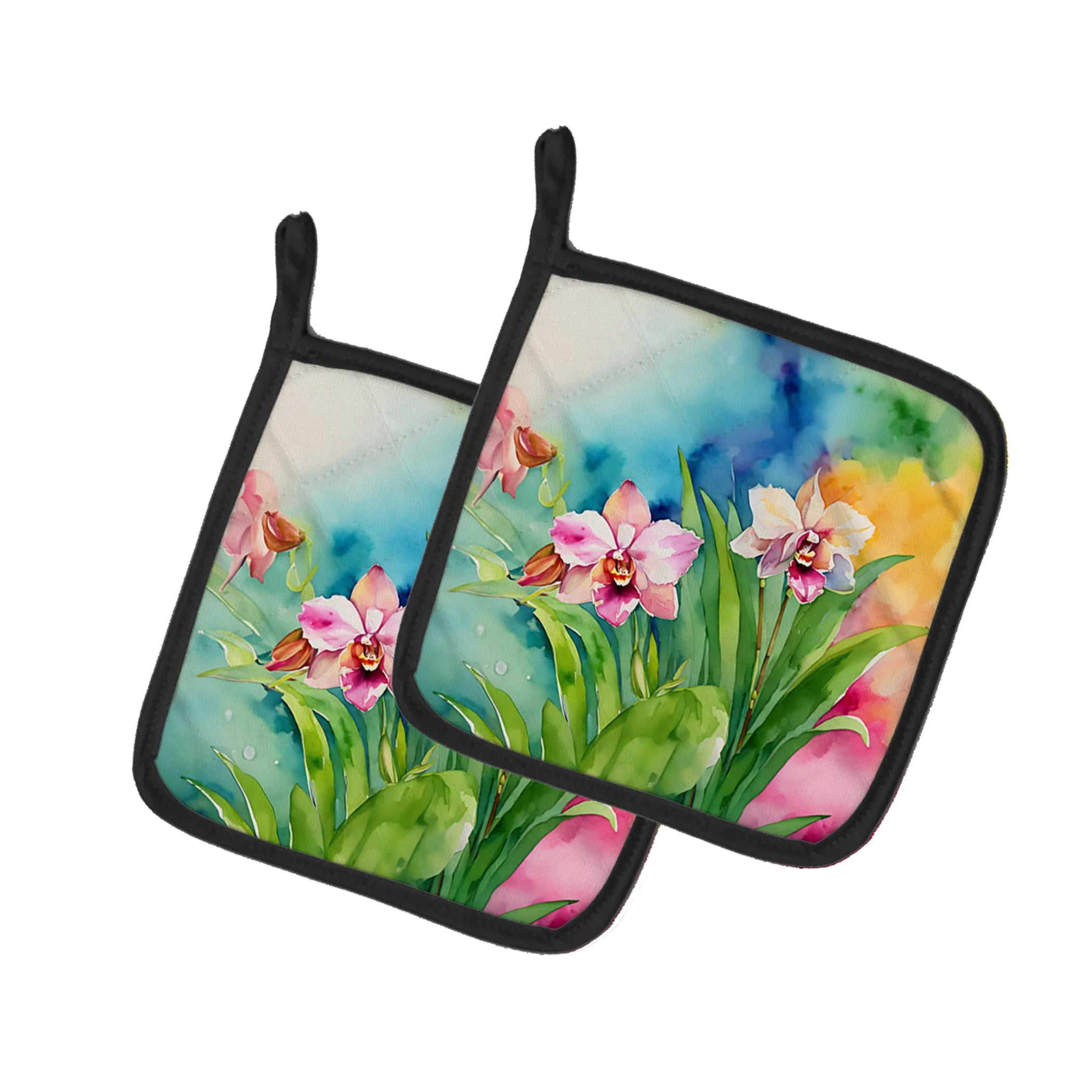 Flowers in Watercolor Pair of Pot Holders - Size: 7.5HX7.5W | Pack Of: 1 | Collection name: Flowers in watercolor