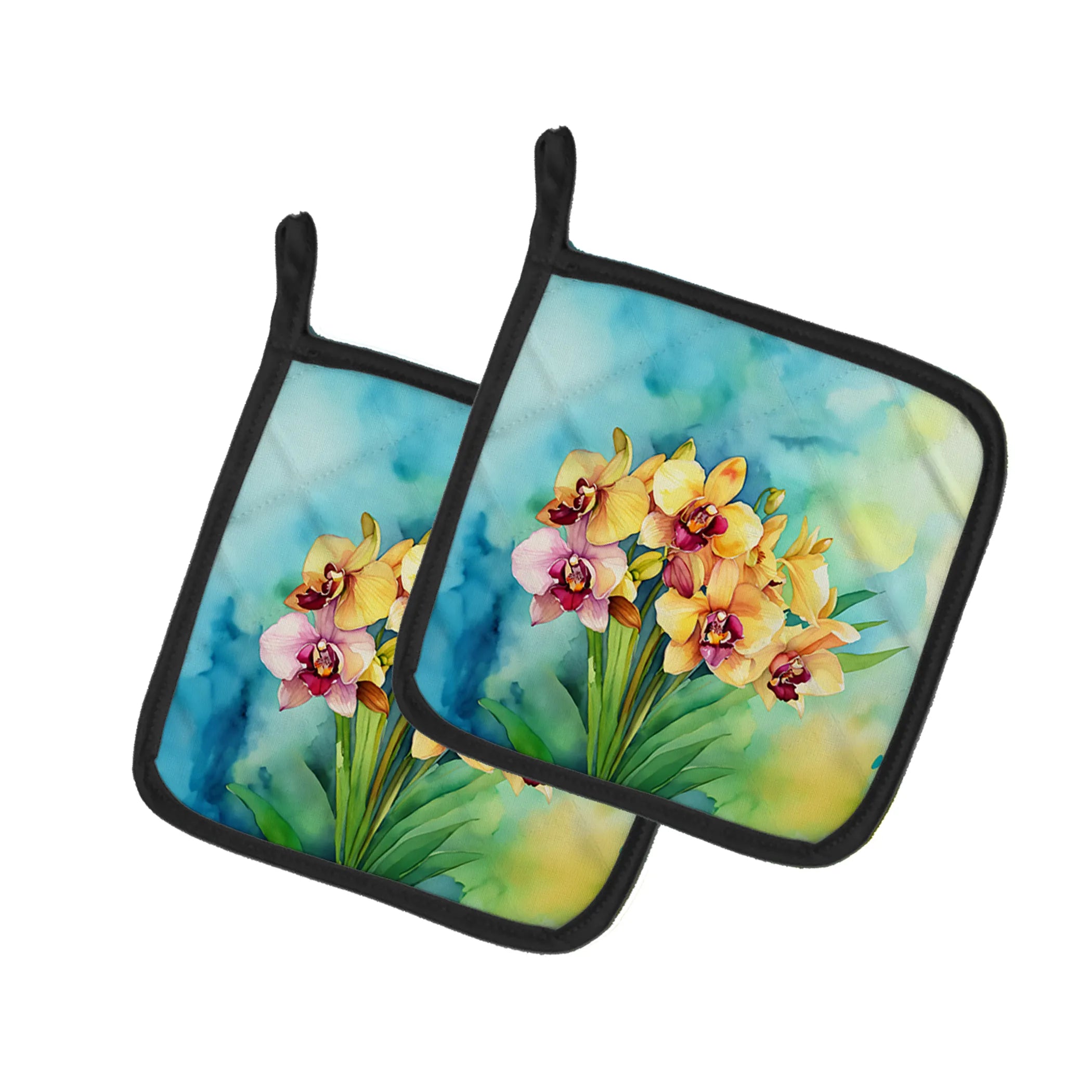 Flowers in Watercolor Pair of Pot Holders - Size: 7.5HX7.5W | Pack Of: 1 | Collection name: Flowers in watercolor