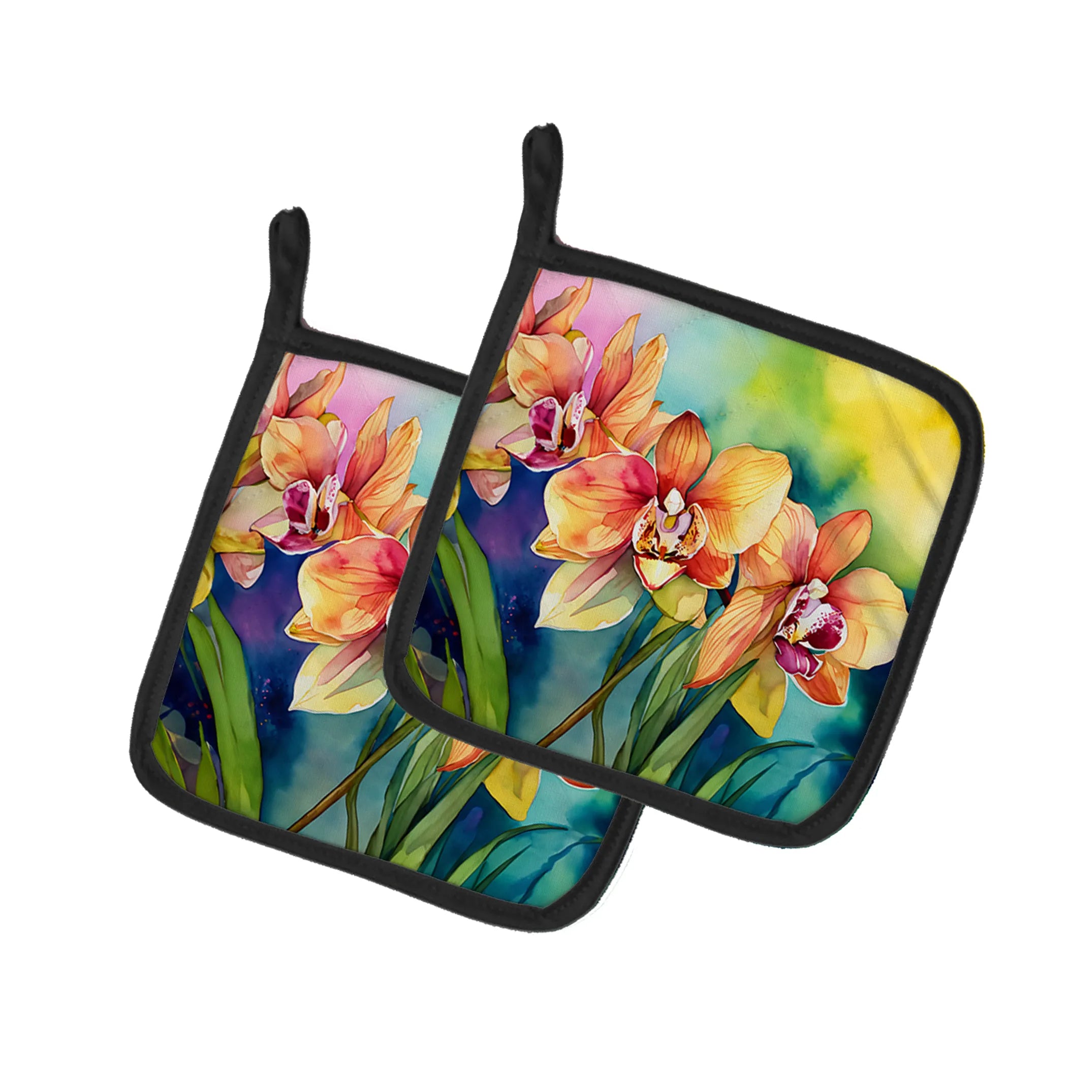 Flowers in Watercolor Pair of Pot Holders - Size: 7.5HX7.5W | Pack Of: 1 | Collection name: Flowers in watercolor