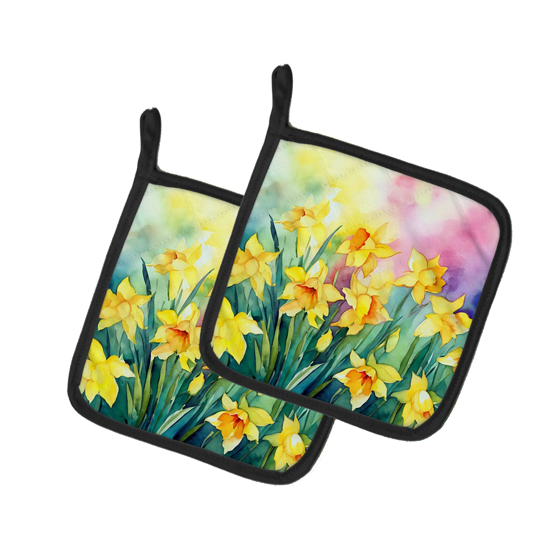 Flowers in Watercolor Pair of Pot Holders - Size: 7.5HX7.5W | Pack Of: 1 | Collection name: Flowers in watercolor