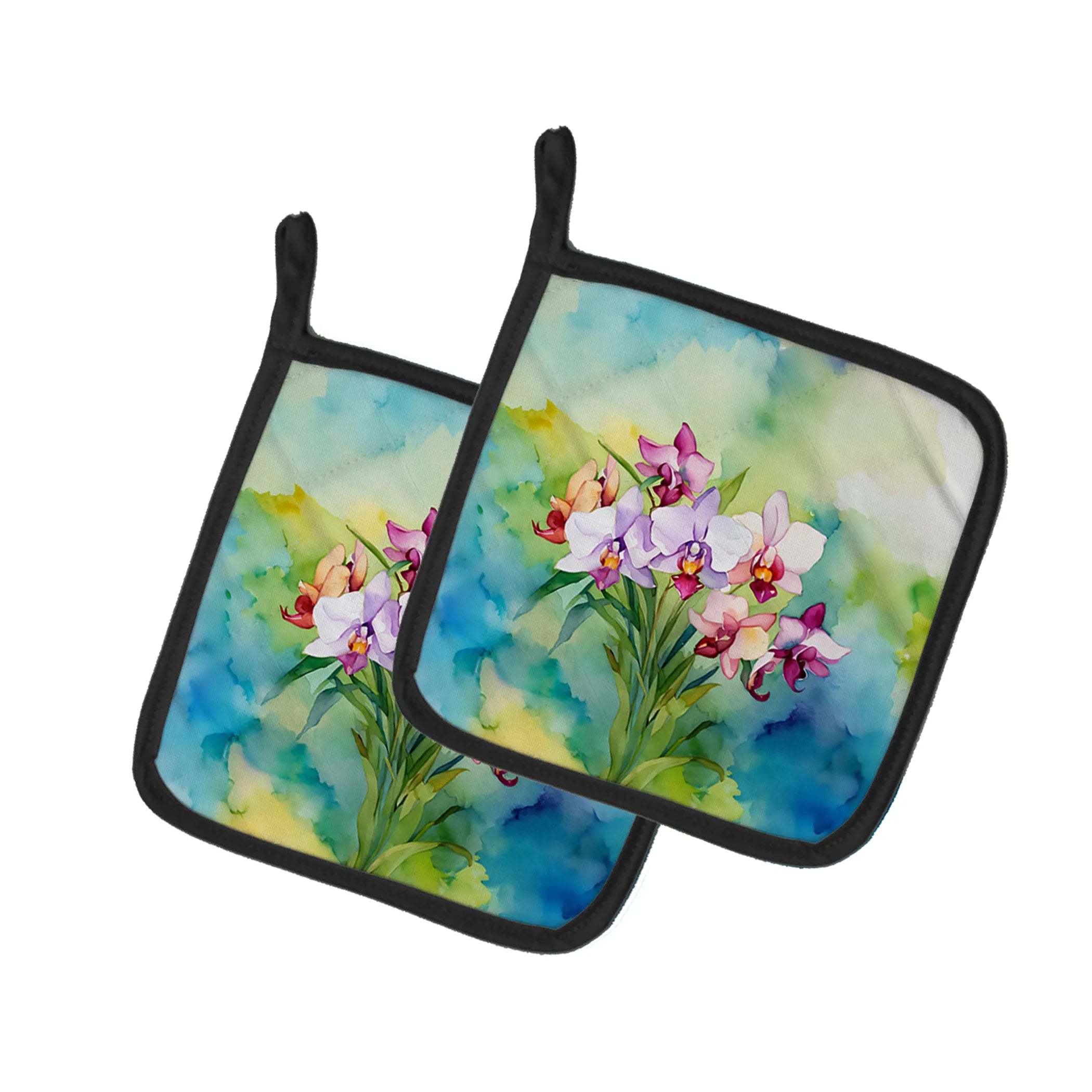 Flowers in Watercolor Pair of Pot Holders - Size: 7.5HX7.5W | Pack Of: 1 | Collection name: Flowers in watercolor