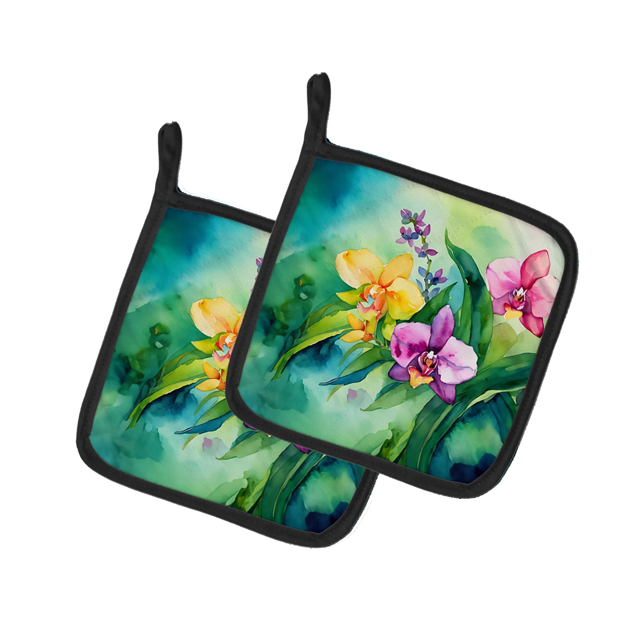Flowers in Watercolor Pair of Pot Holders - Size: 7.5HX7.5W | Pack Of: 1 | Collection name: Flowers in watercolor