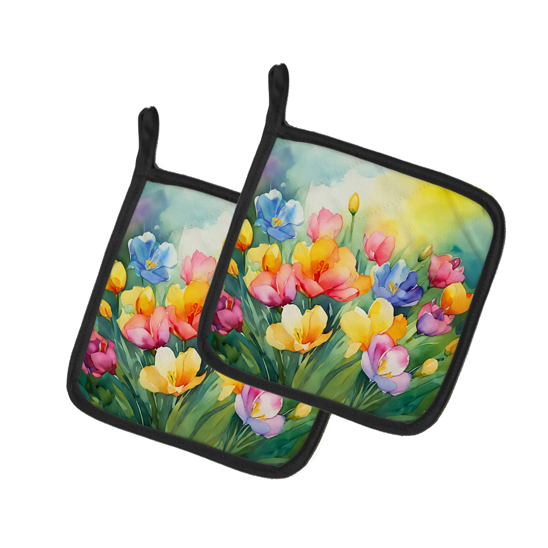 Flowers in Watercolor Pair of Pot Holders - Size: 7.5HX7.5W | Pack Of: 1 | Collection name: Flowers in watercolor