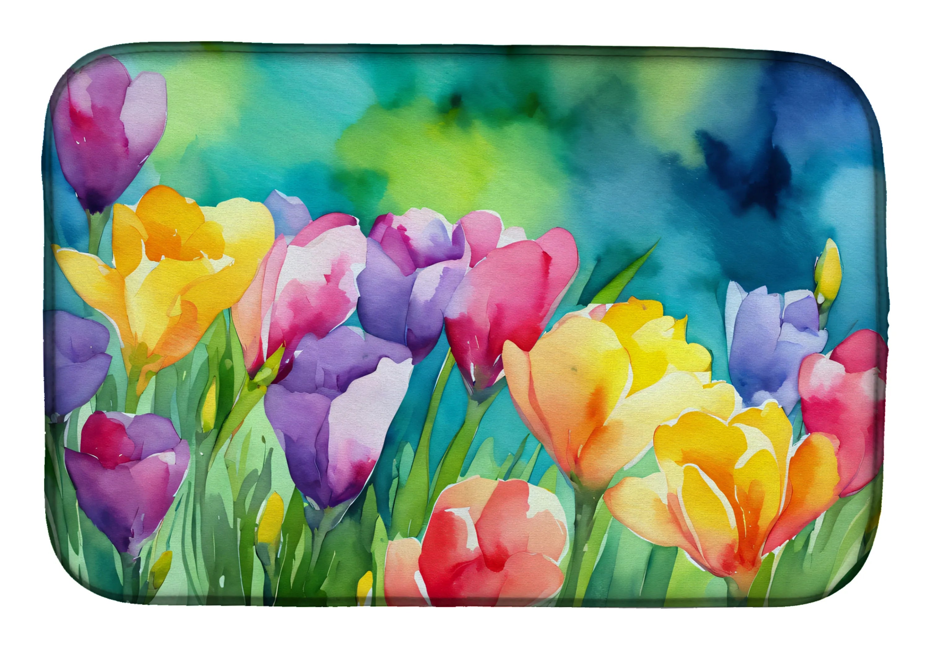 Flowers in Watercolor Dish Drying Mat - Size: 14  X 21" | Pack Of: 1 | Collection name: Flowers in watercolor