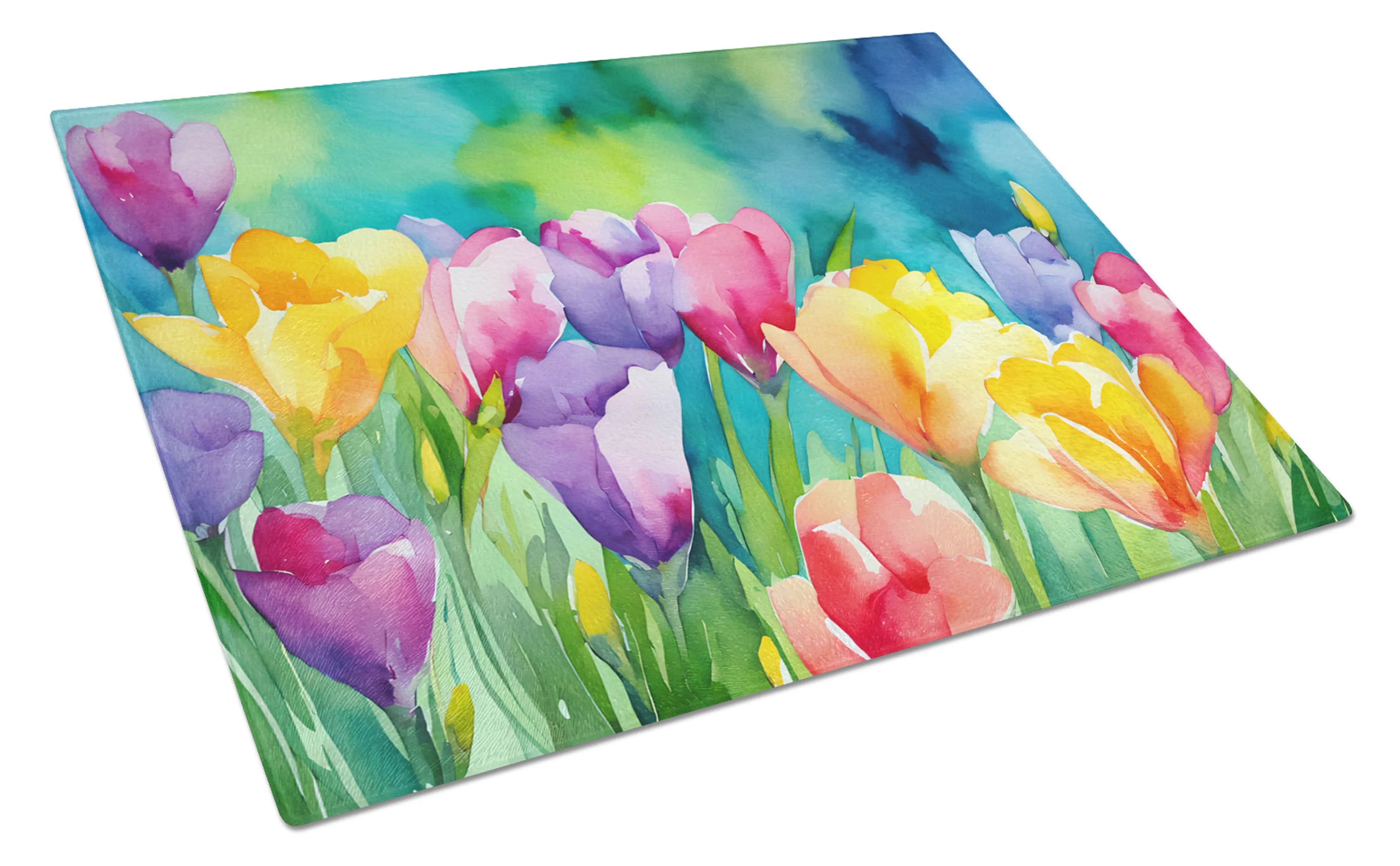 Flowers in Watercolor Glass Cutting Board - Size: LARGE | Pack Of: 1 | Collection name: Flowers in watercolor