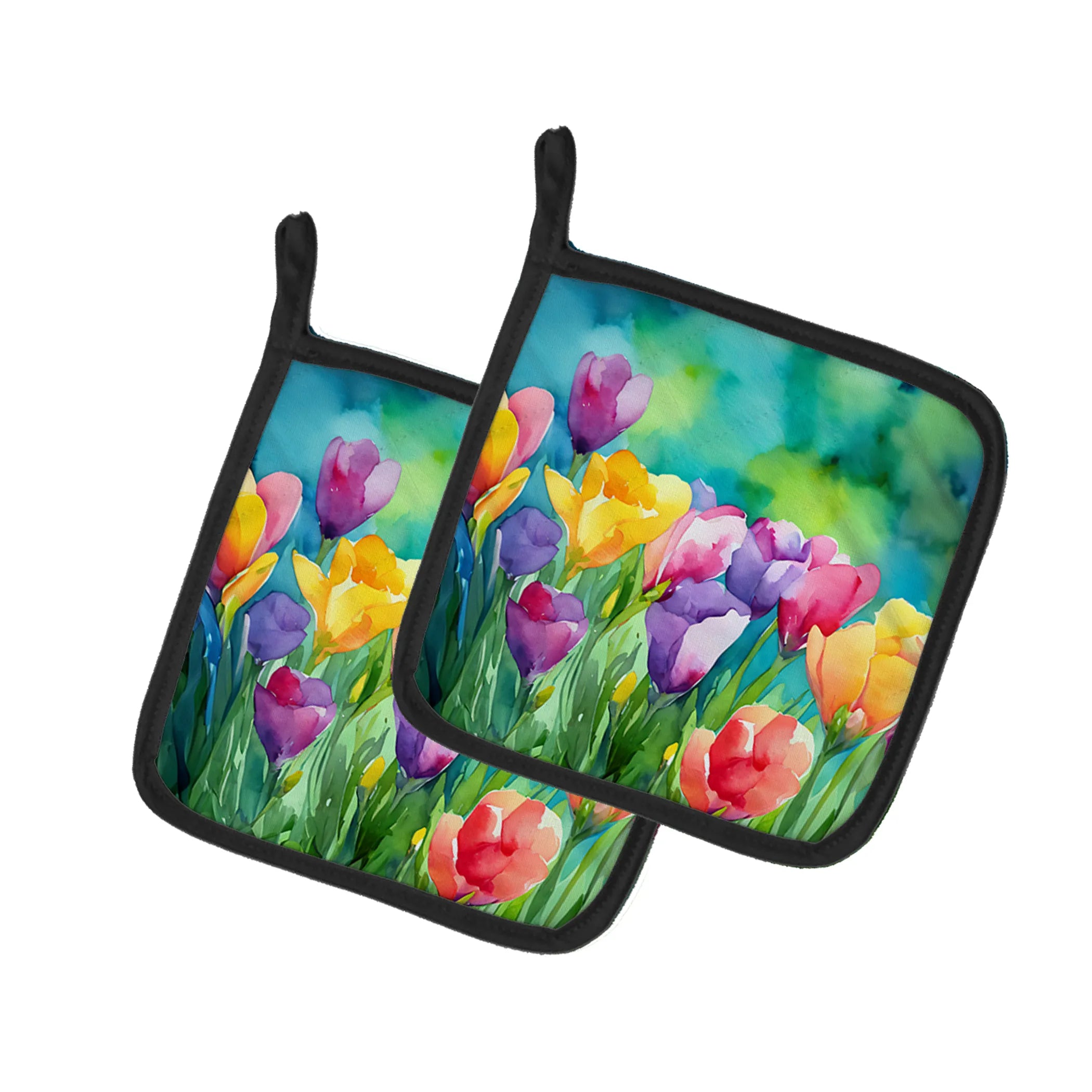 Flowers in Watercolor Pair of Pot Holders - Size: 7.5HX7.5W | Pack Of: 1 | Collection name: Flowers in watercolor
