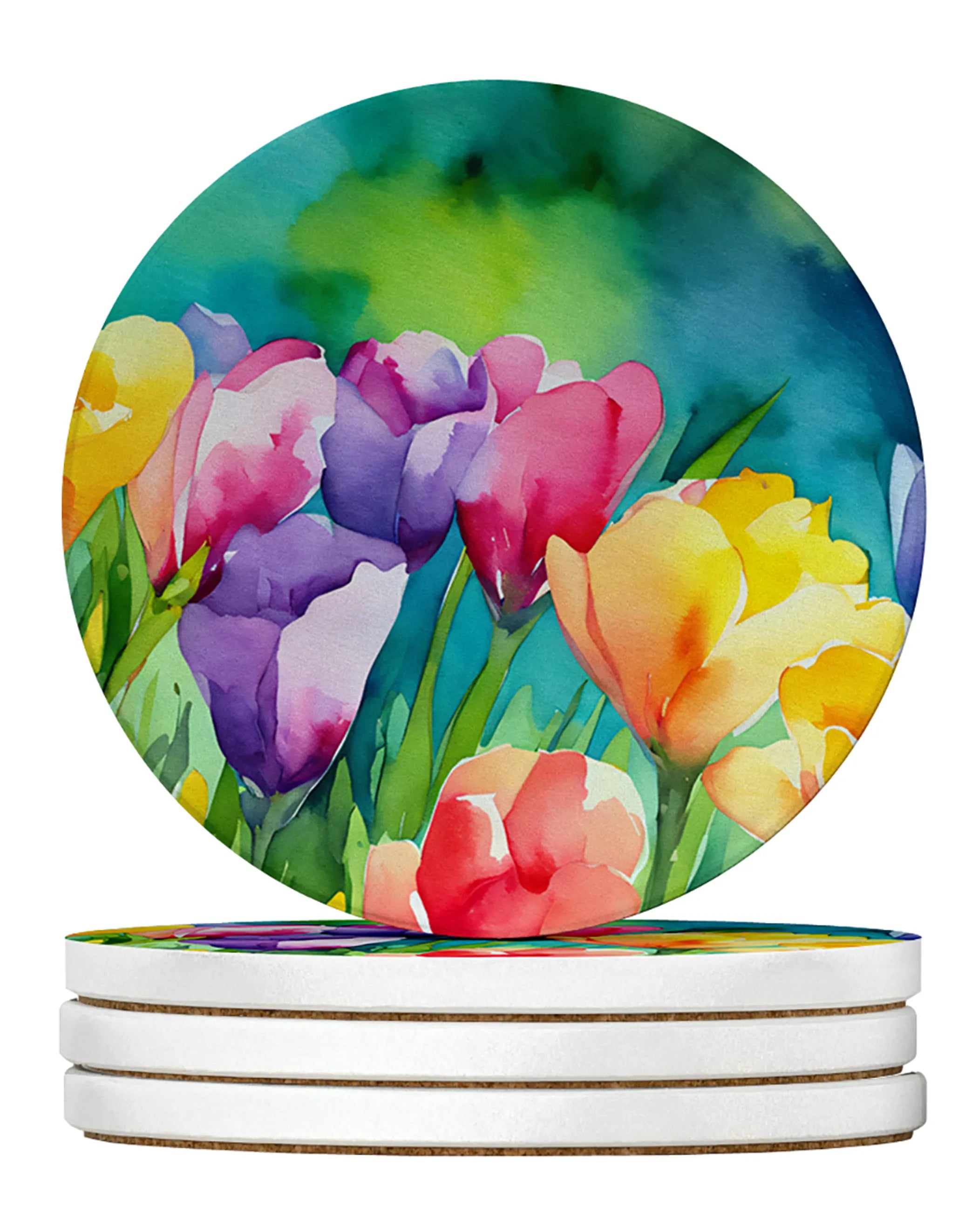 Flowers in Watercolor Large Sandstone Coasters