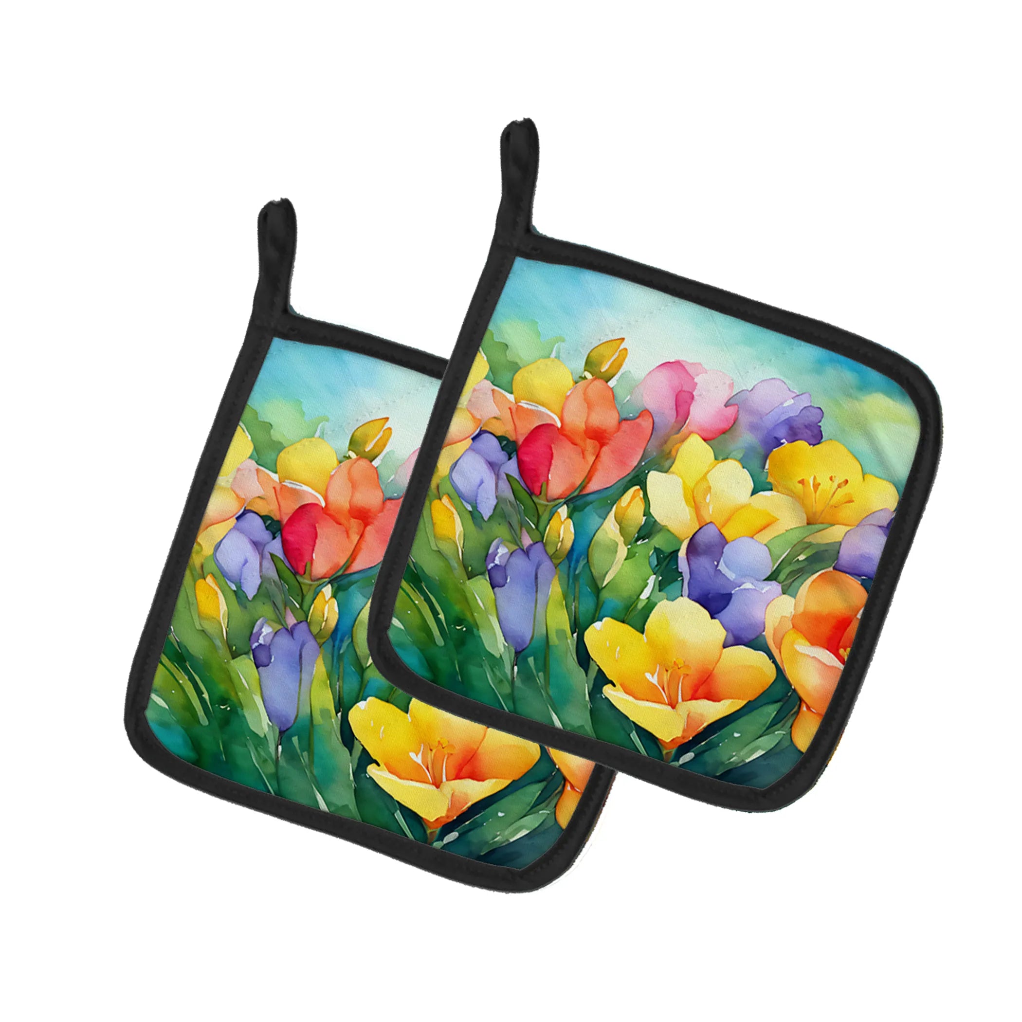 Flowers in Watercolor Pair of Pot Holders - Size: 7.5HX7.5W | Pack Of: 1 | Collection name: Flowers in watercolor