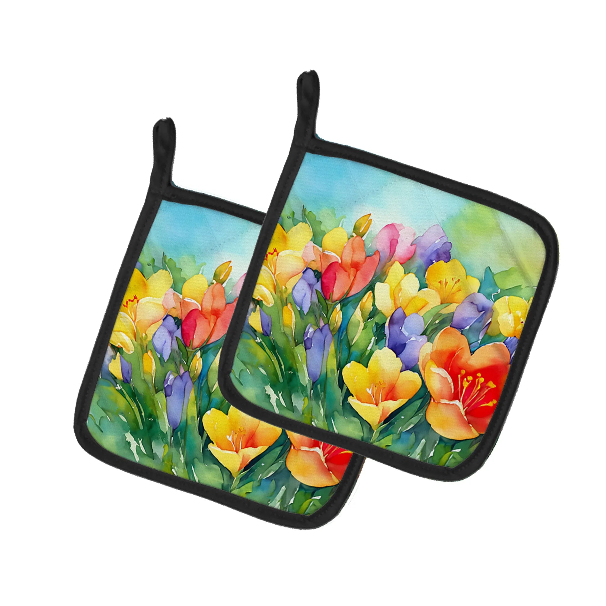 Flowers in Watercolor Pair of Pot Holders - Size: 7.5HX7.5W | Pack Of: 1 | Collection name: Flowers in watercolor