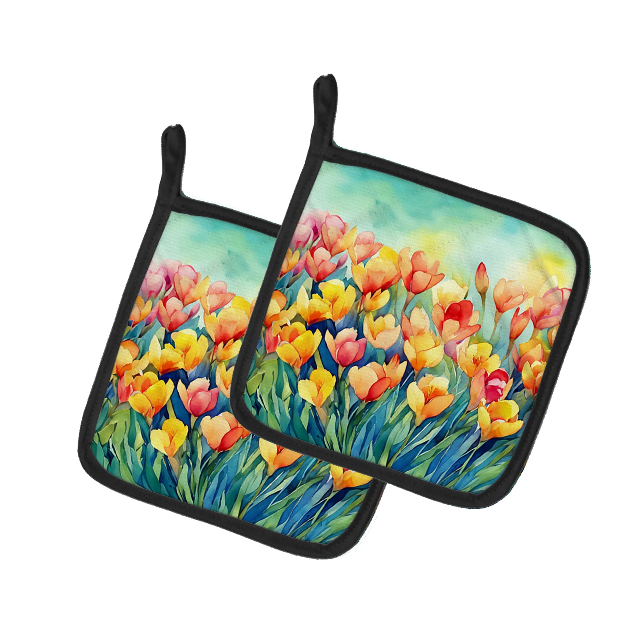 Flowers in Watercolor Pair of Pot Holders - Size: 7.5HX7.5W | Pack Of: 1 | Collection name: Flowers in watercolor