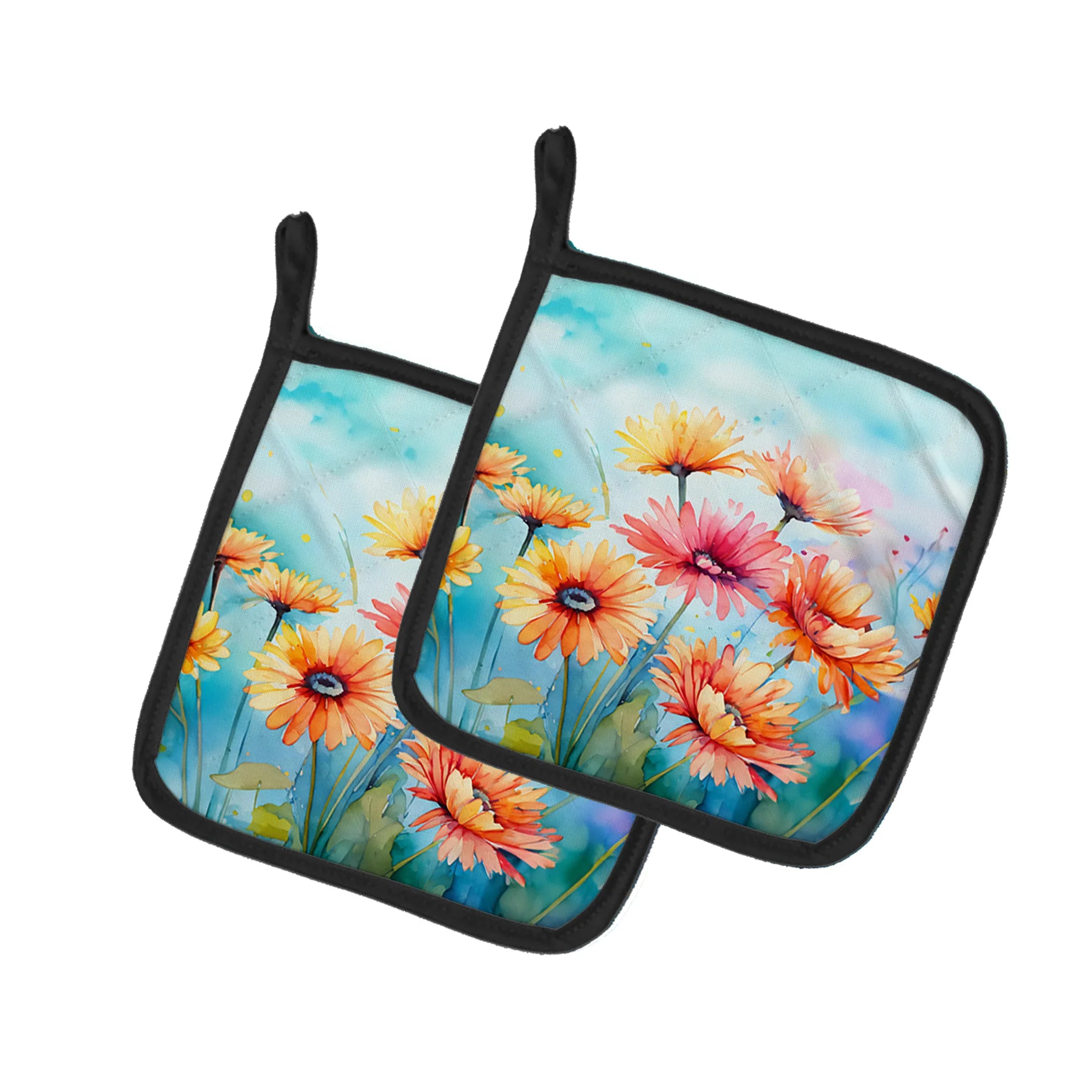 Flowers in Watercolor Pair of Pot Holders - Size: 7.5HX7.5W | Pack Of: 1 | Collection name: Flowers in watercolor