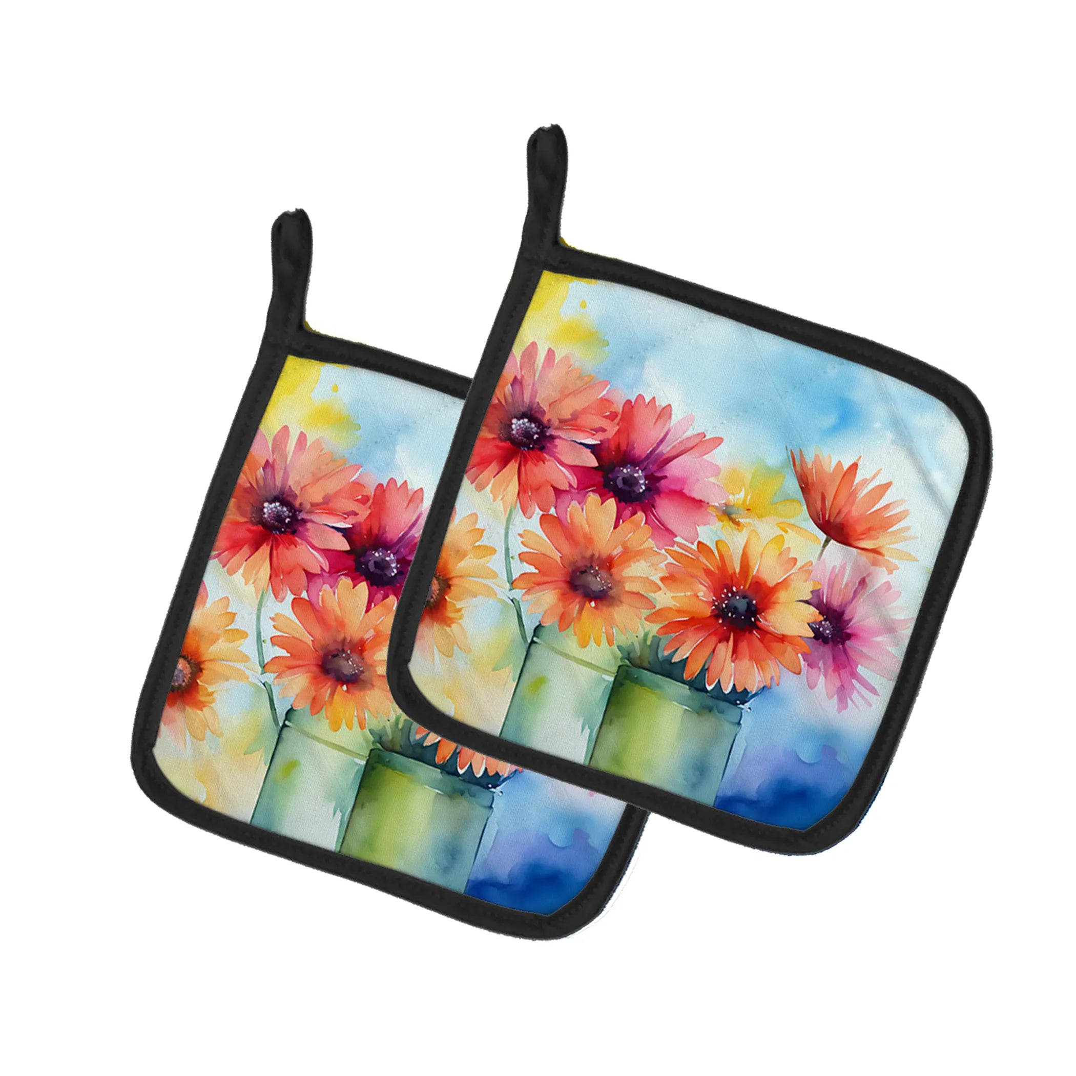 Flowers in Watercolor Pair of Pot Holders - Size: 7.5HX7.5W | Pack Of: 1 | Collection name: Flowers in watercolor