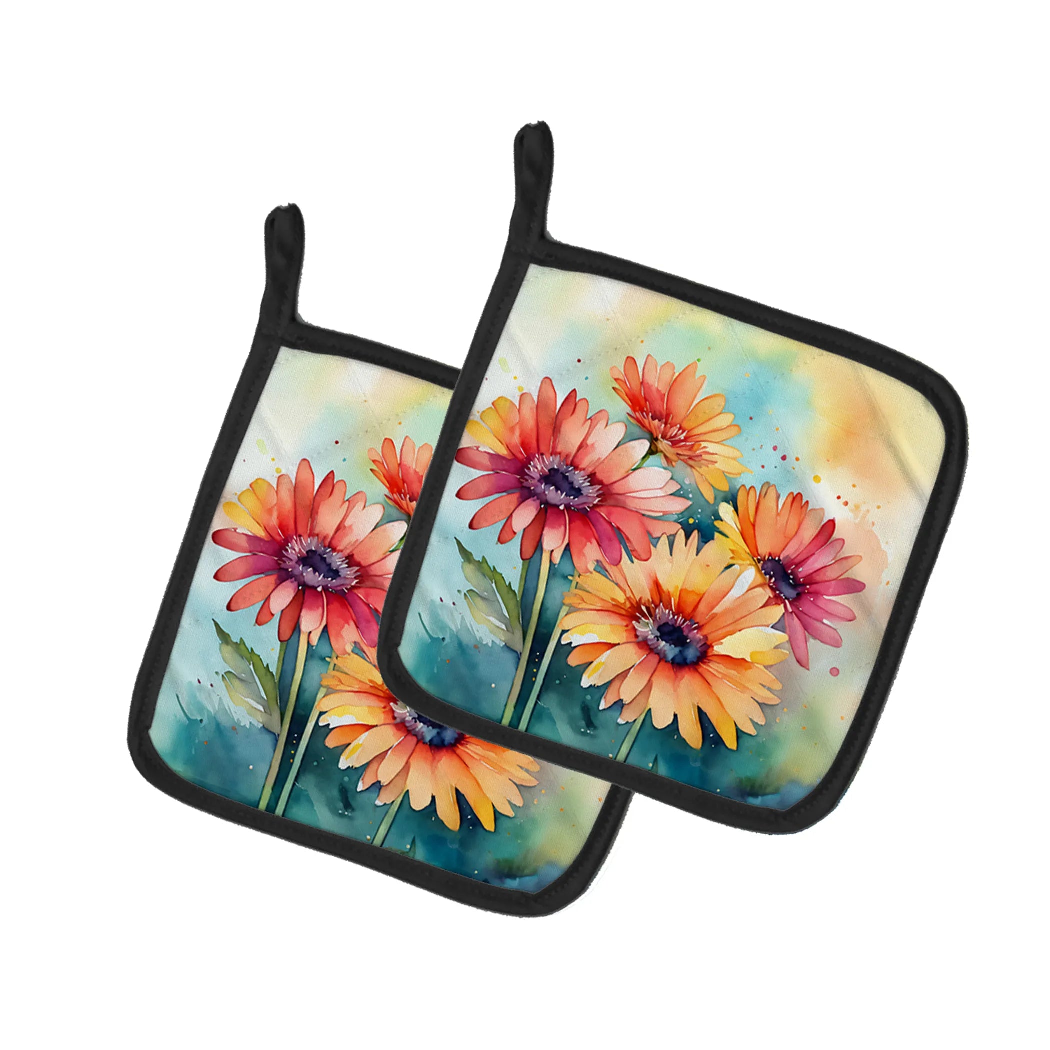 Flowers in Watercolor Pair of Pot Holders - Size: 7.5HX7.5W | Pack Of: 1 | Collection name: Flowers in watercolor