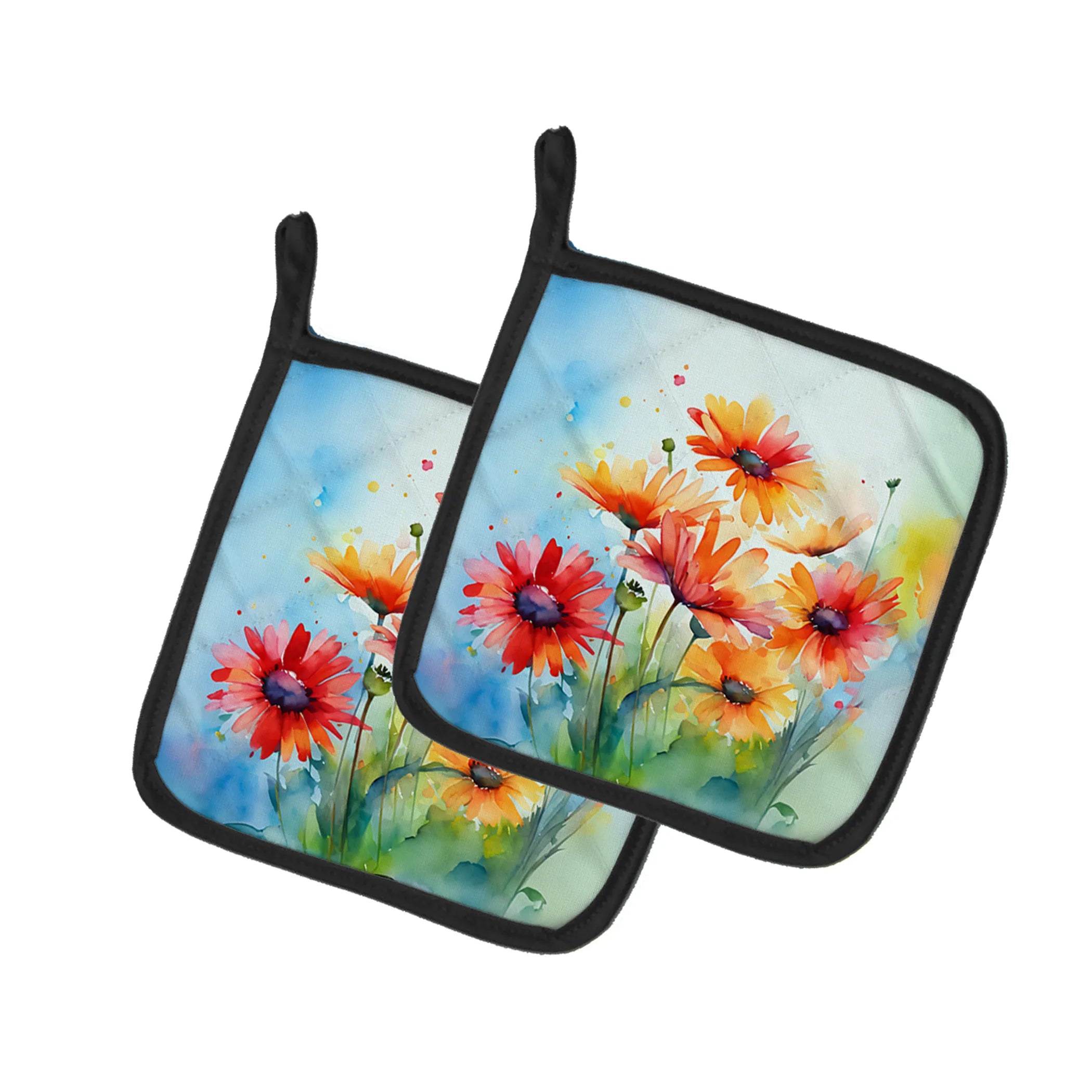 Flowers in Watercolor Pair of Pot Holders - Size: 7.5HX7.5W | Pack Of: 1 | Collection name: Flowers in watercolor