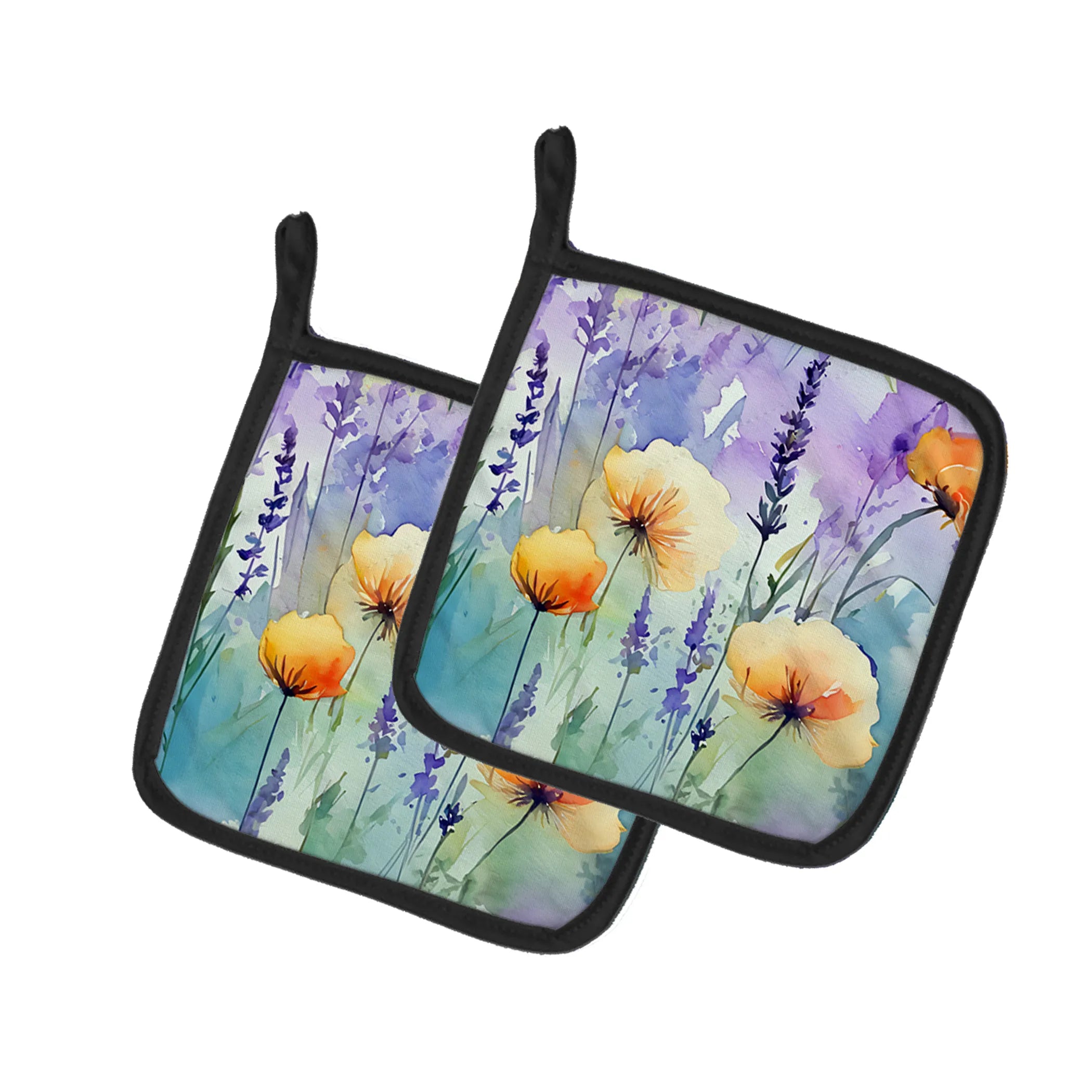 Flowers in Watercolor Pair of Pot Holders - Size: 7.5HX7.5W | Pack Of: 1 | Collection name: Flowers in watercolor