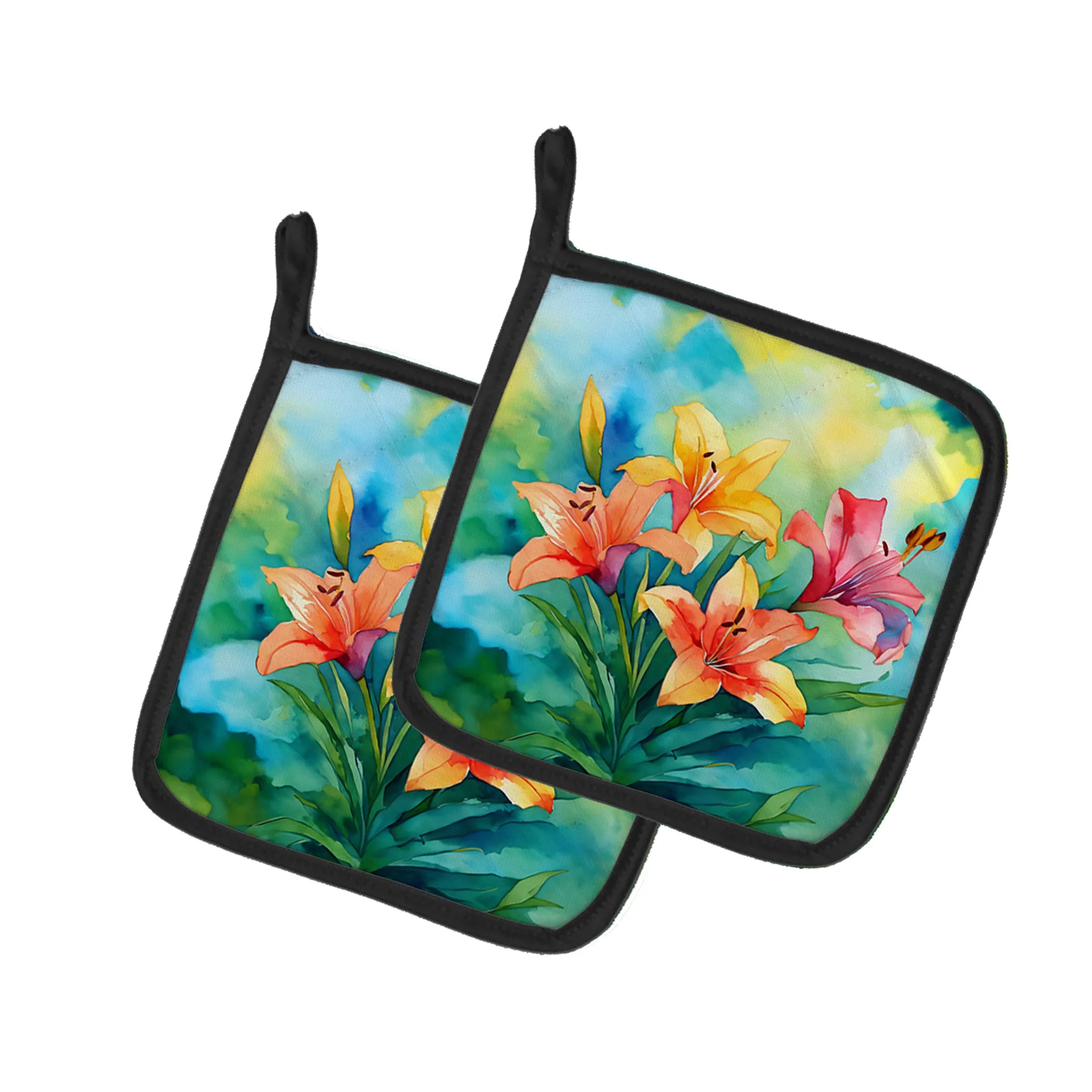 Flowers in Watercolor Pair of Pot Holders - Size: 7.5HX7.5W | Pack Of: 1 | Collection name: Flowers in watercolor
