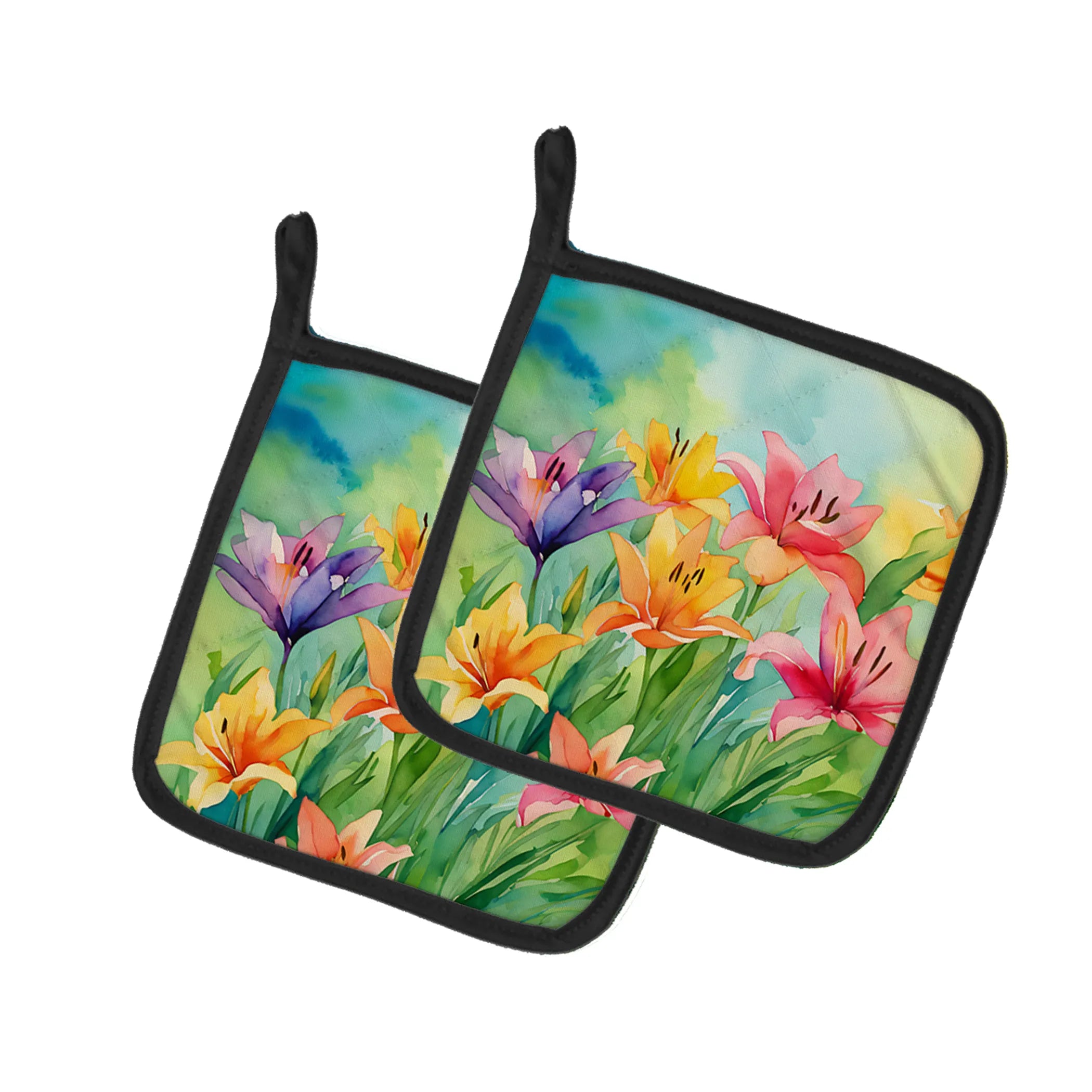 Flowers in Watercolor Pair of Pot Holders - Size: 7.5HX7.5W | Pack Of: 1 | Collection name: Flowers in watercolor
