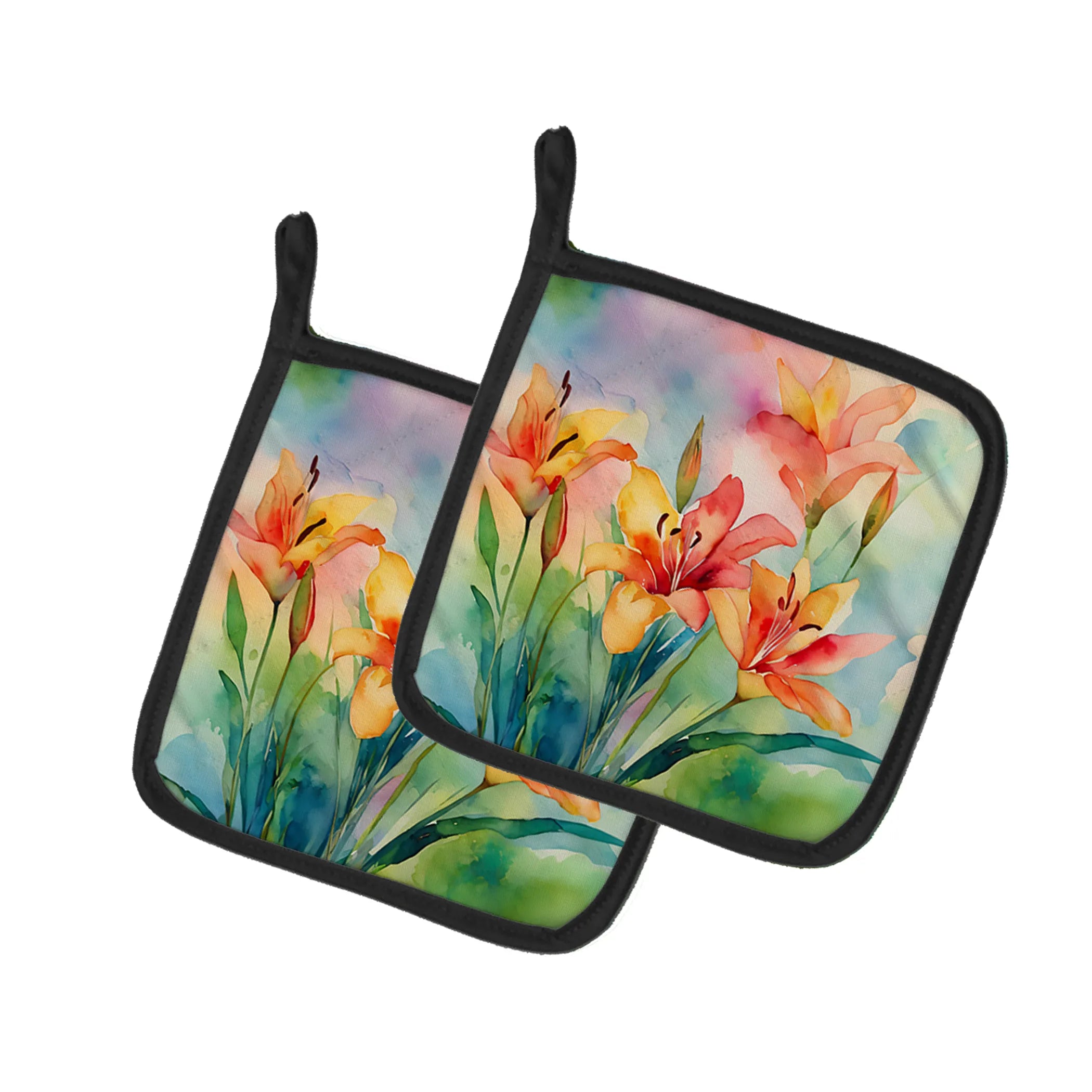 Flowers in Watercolor Pair of Pot Holders - Size: 7.5HX7.5W | Pack Of: 1 | Collection name: Flowers in watercolor