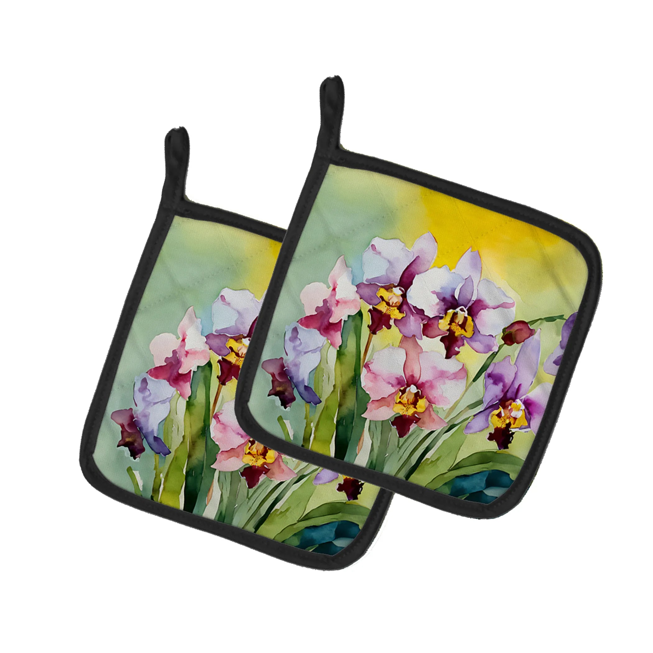 Flowers in Watercolor Pair of Pot Holders - Size: 7.5HX7.5W | Pack Of: 1 | Collection name: Flowers in watercolor