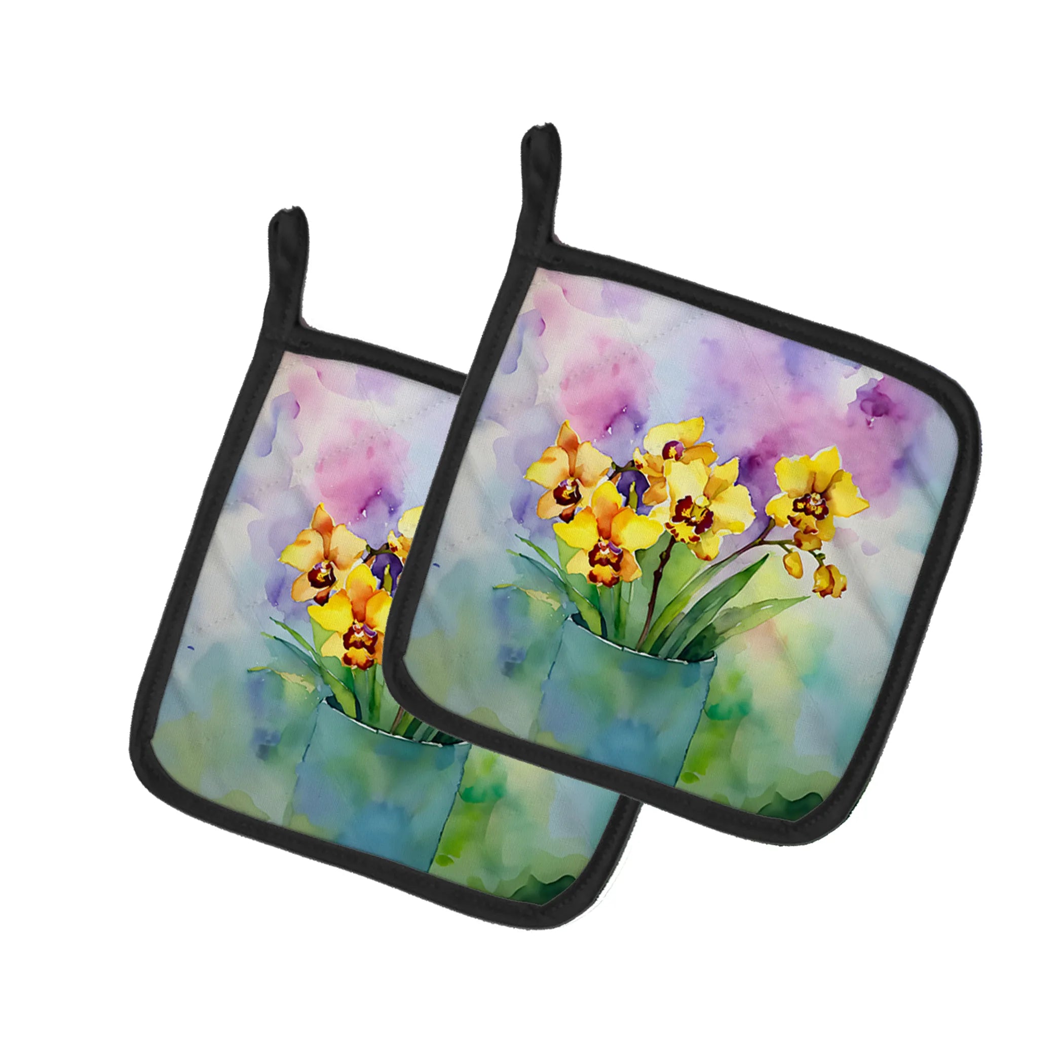 Flowers in Watercolor Pair of Pot Holders - Size: 7.5HX7.5W | Pack Of: 1 | Collection name: Flowers in watercolor