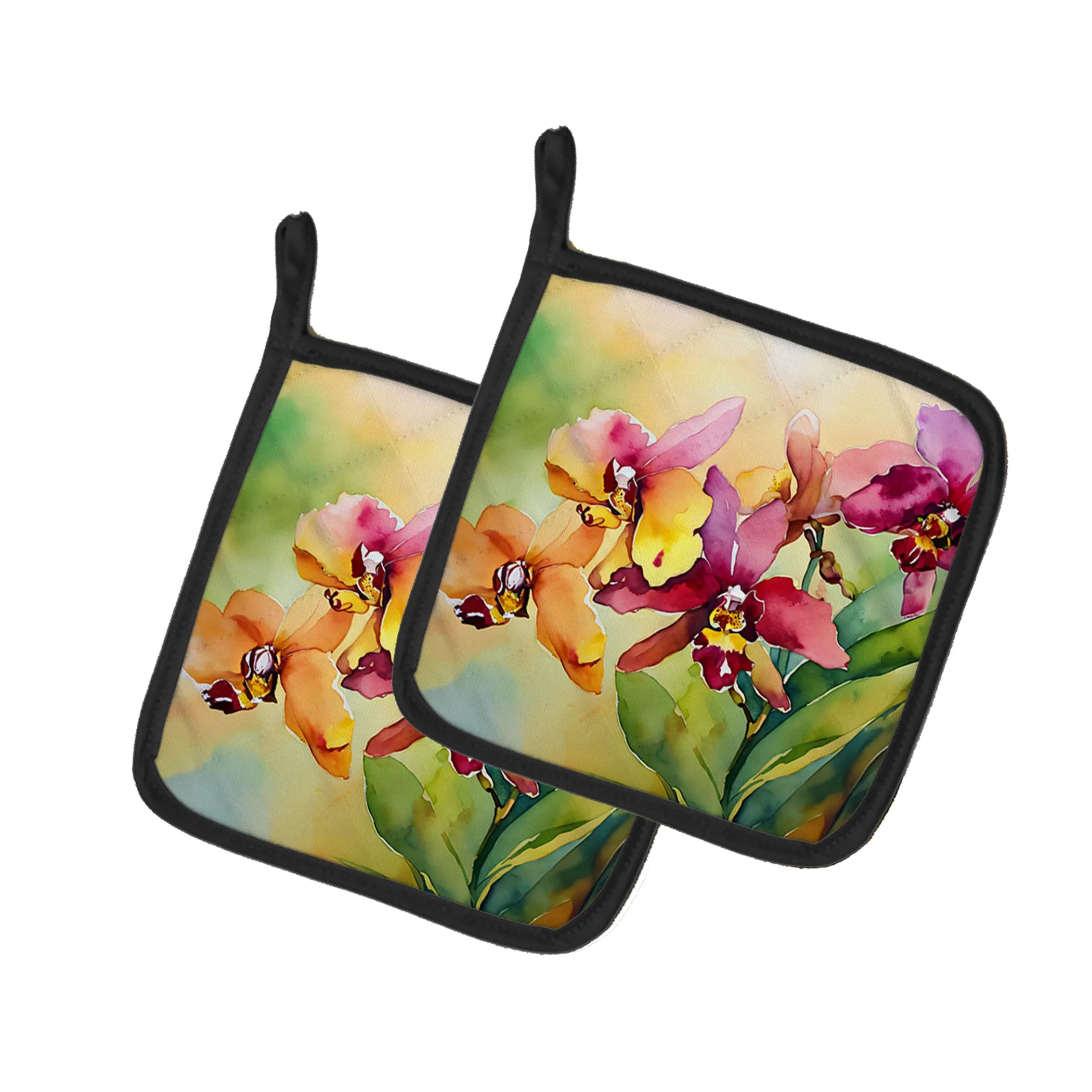 Flowers in Watercolor Pair of Pot Holders - Size: 7.5HX7.5W | Pack Of: 1 | Collection name: Flowers in watercolor