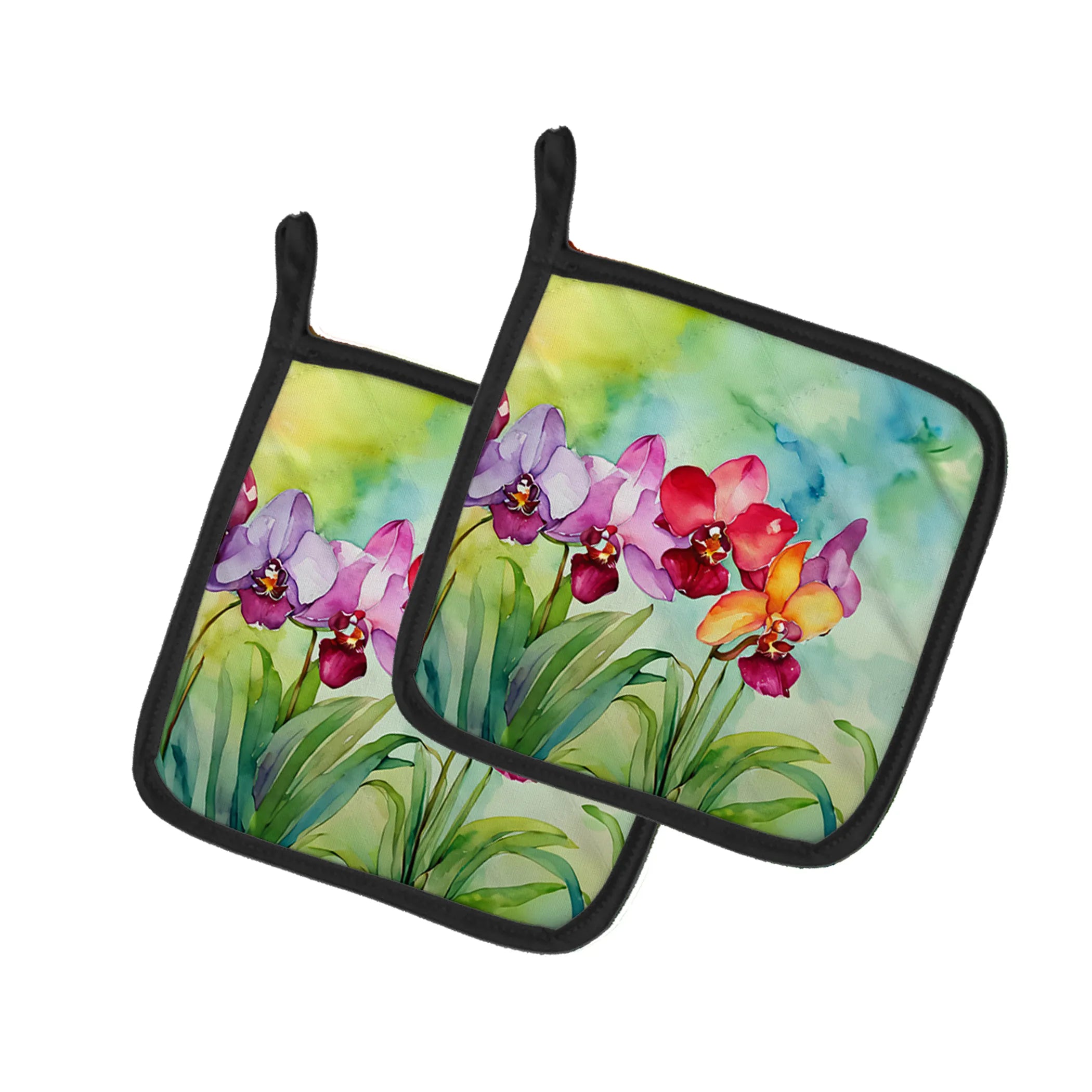 Flowers in Watercolor Pair of Pot Holders - Size: 7.5HX7.5W | Pack Of: 1 | Collection name: Flowers in watercolor