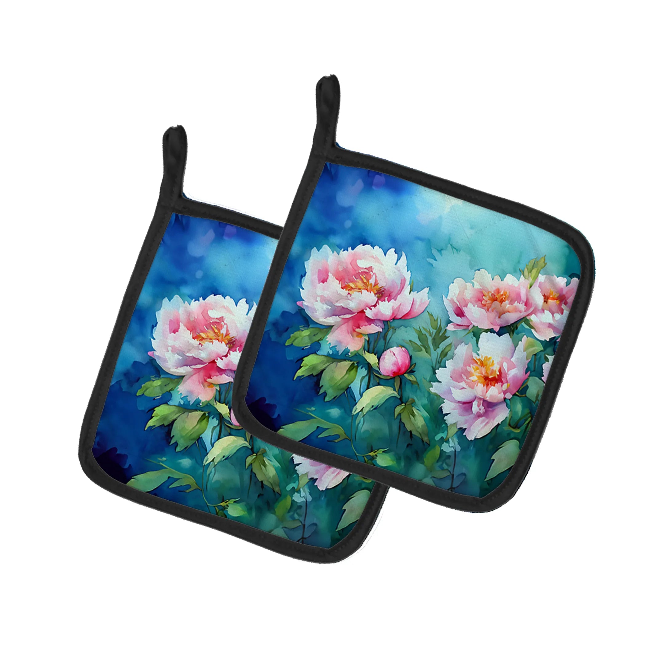 Flowers in Watercolor Pair of Pot Holders - Size: 7.5HX7.5W | Pack Of: 1 | Collection name: Flowers in watercolor