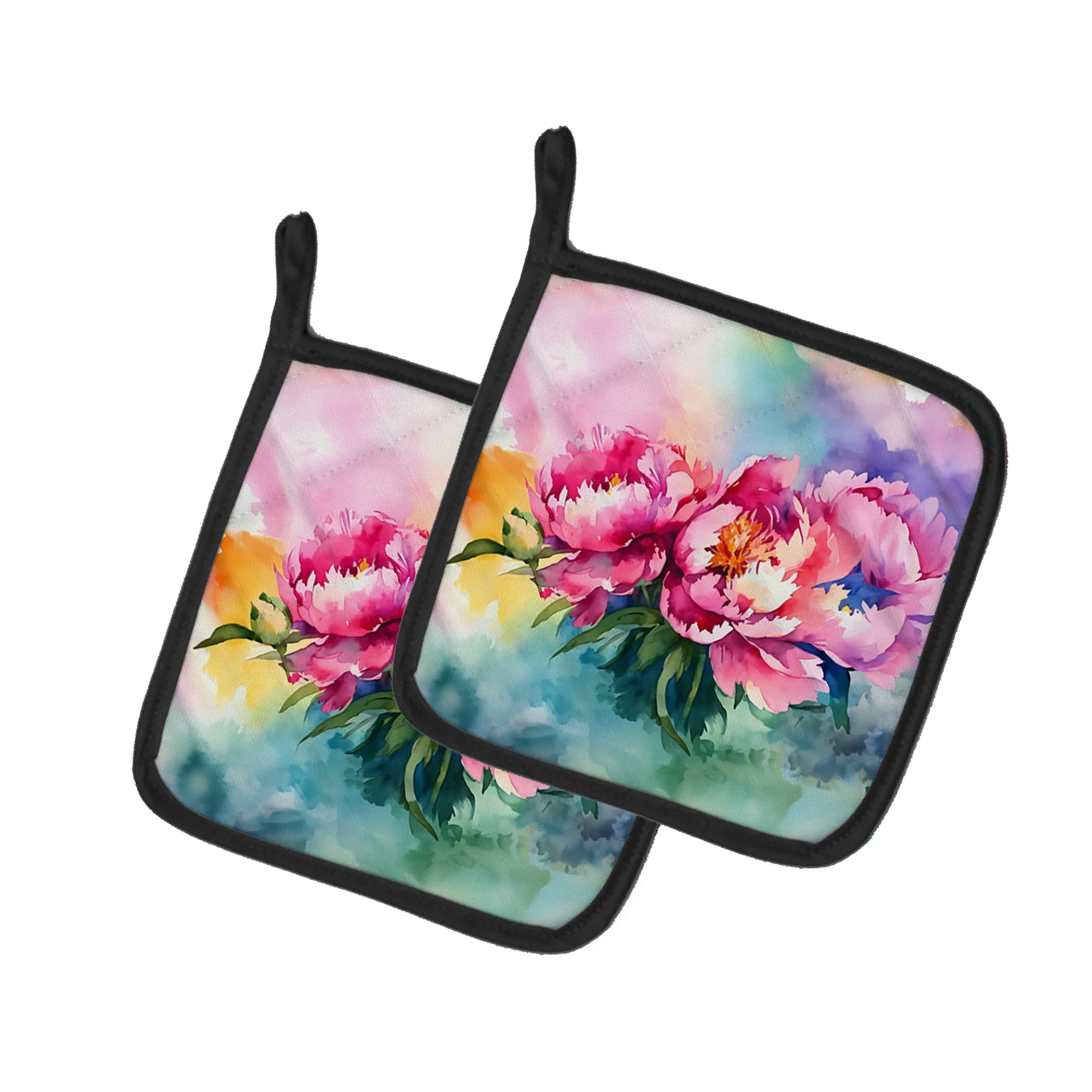 Flowers in Watercolor Pair of Pot Holders - Size: 7.5HX7.5W | Pack Of: 1 | Collection name: Flowers in watercolor