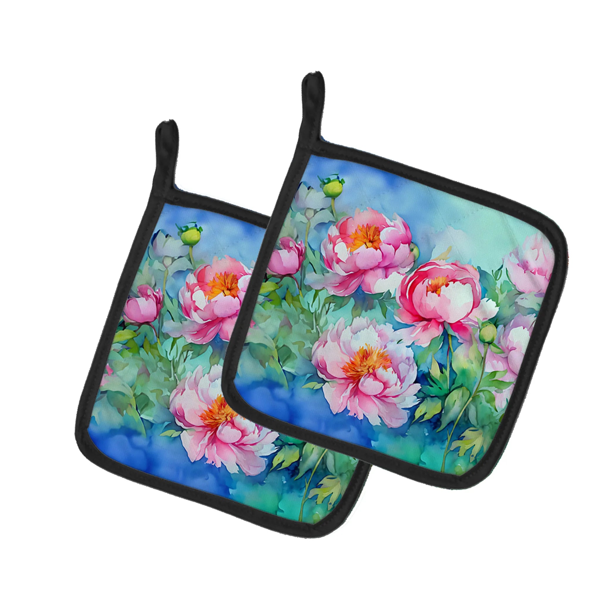 Flowers in Watercolor Pair of Pot Holders - Size: 7.5HX7.5W | Pack Of: 1 | Collection name: Flowers in watercolor