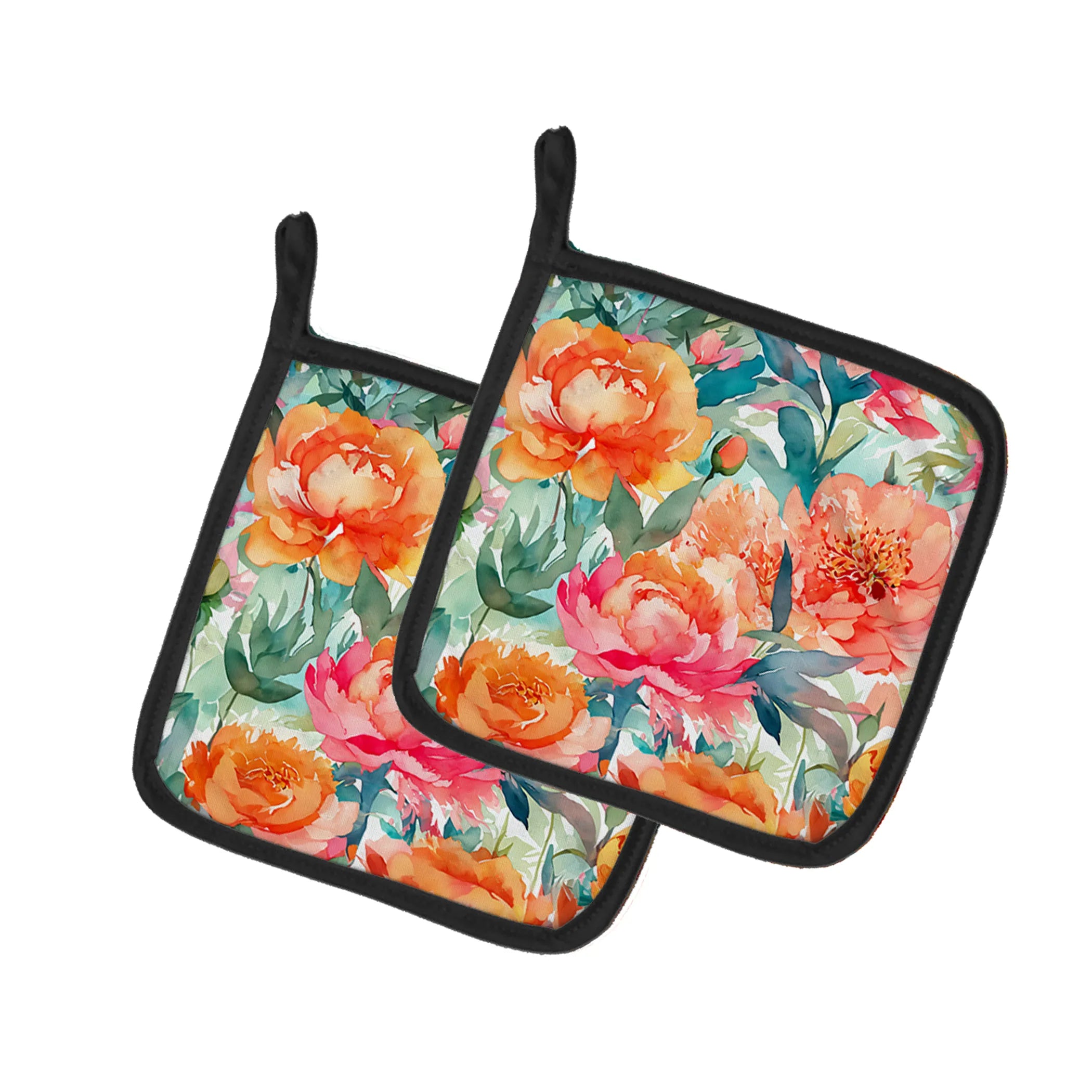 Flowers in Watercolor Pair of Pot Holders - Size: 7.5HX7.5W | Pack Of: 1 | Collection name: Flowers in watercolor