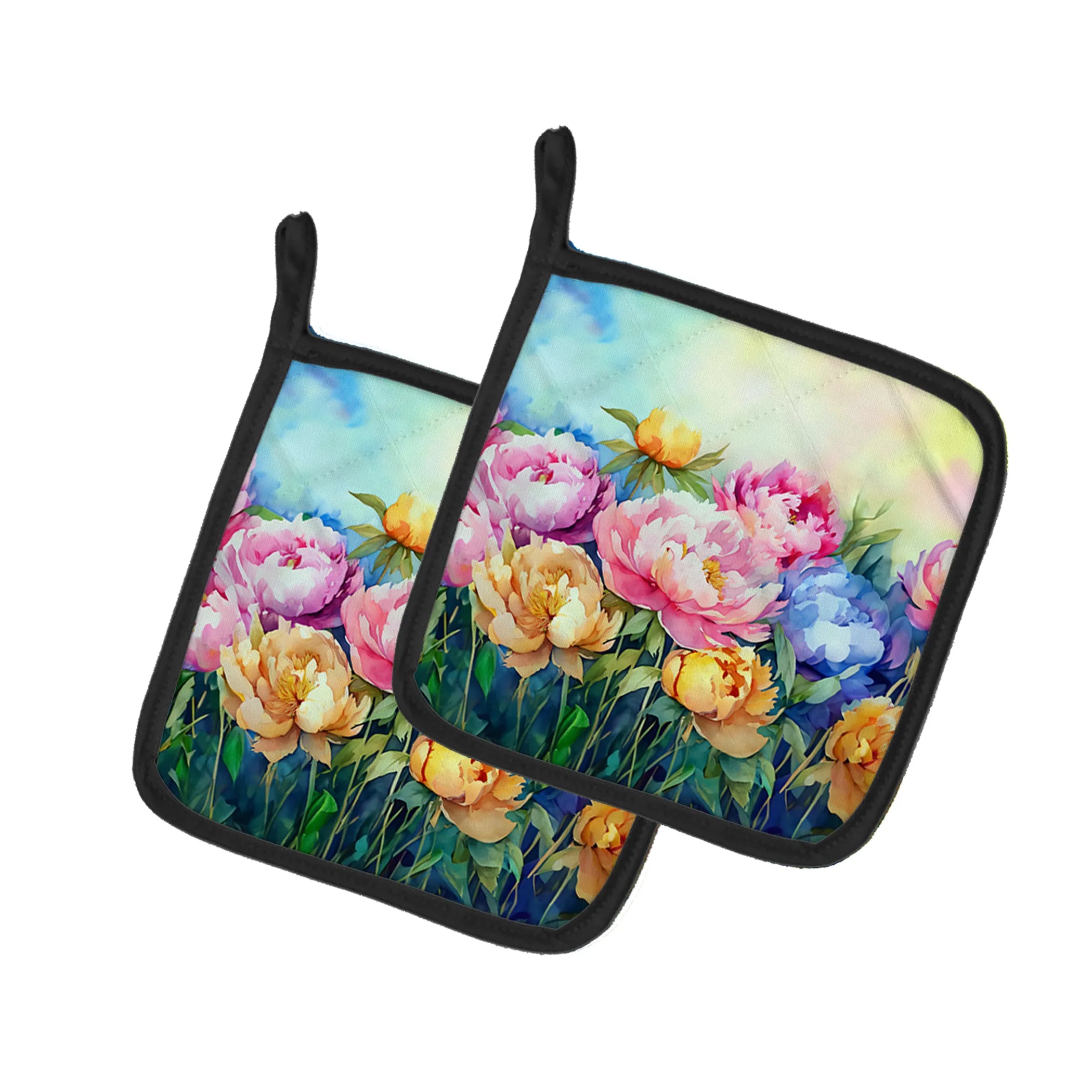 Flowers in Watercolor Pair of Pot Holders - Size: 7.5HX7.5W | Pack Of: 1 | Collection name: Flowers in watercolor