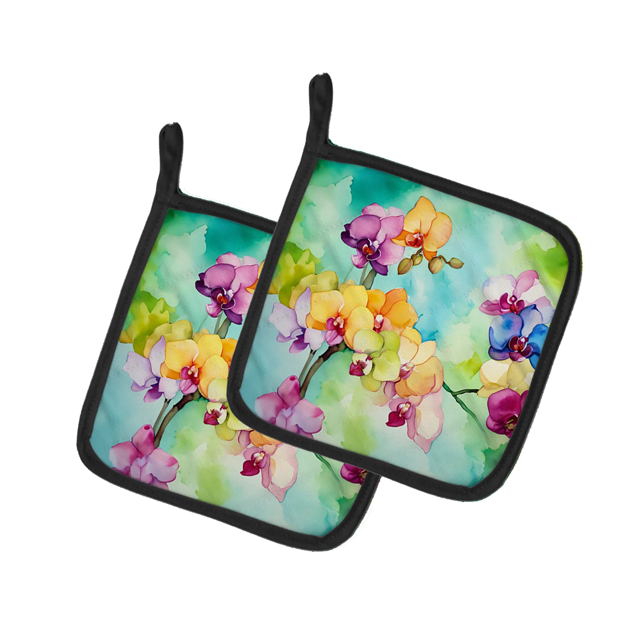 Flowers in Watercolor Pair of Pot Holders - Size: 7.5HX7.5W | Pack Of: 1 | Collection name: Flowers in watercolor