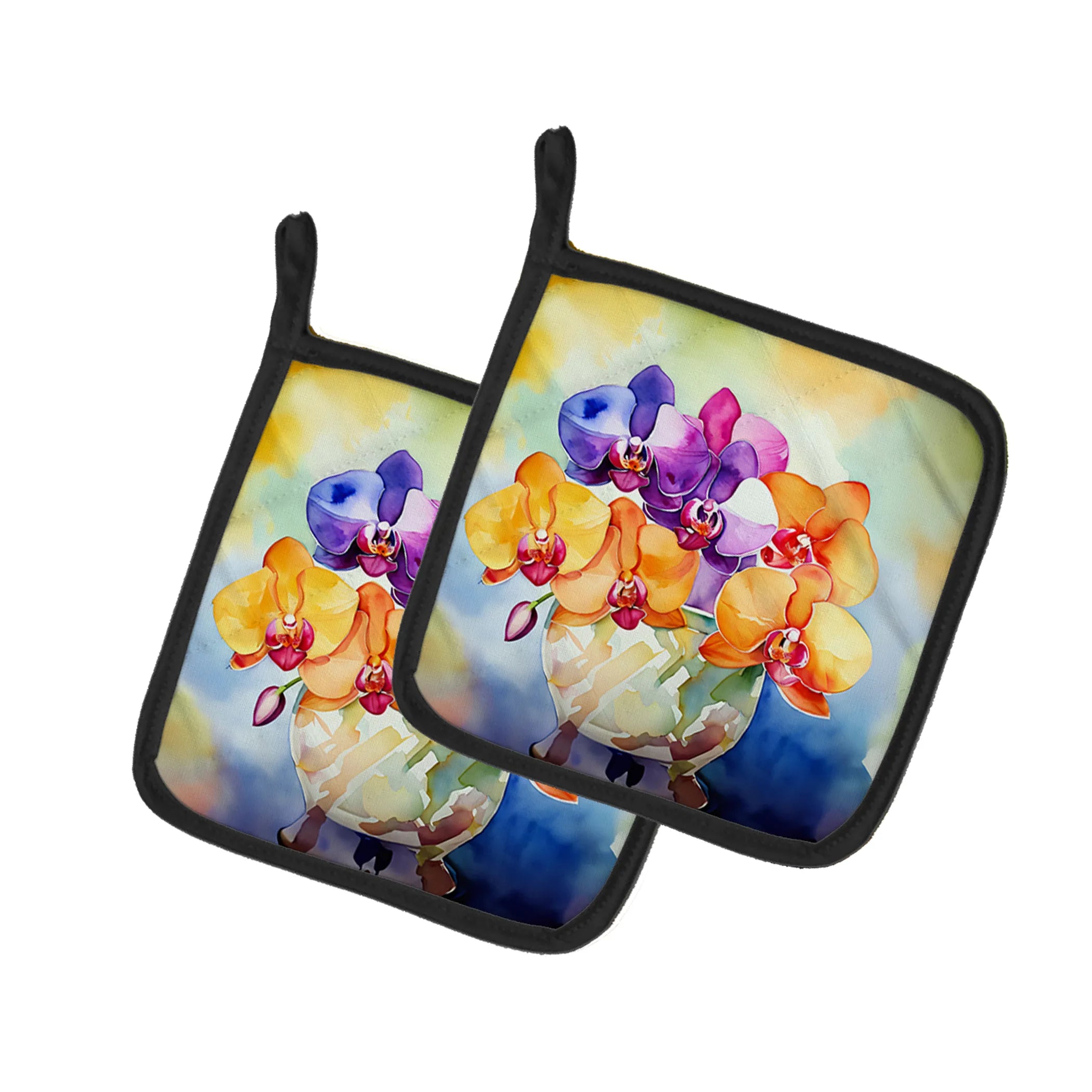 Flowers in Watercolor Pair of Pot Holders - Size: 7.5HX7.5W | Pack Of: 1 | Collection name: Flowers in watercolor