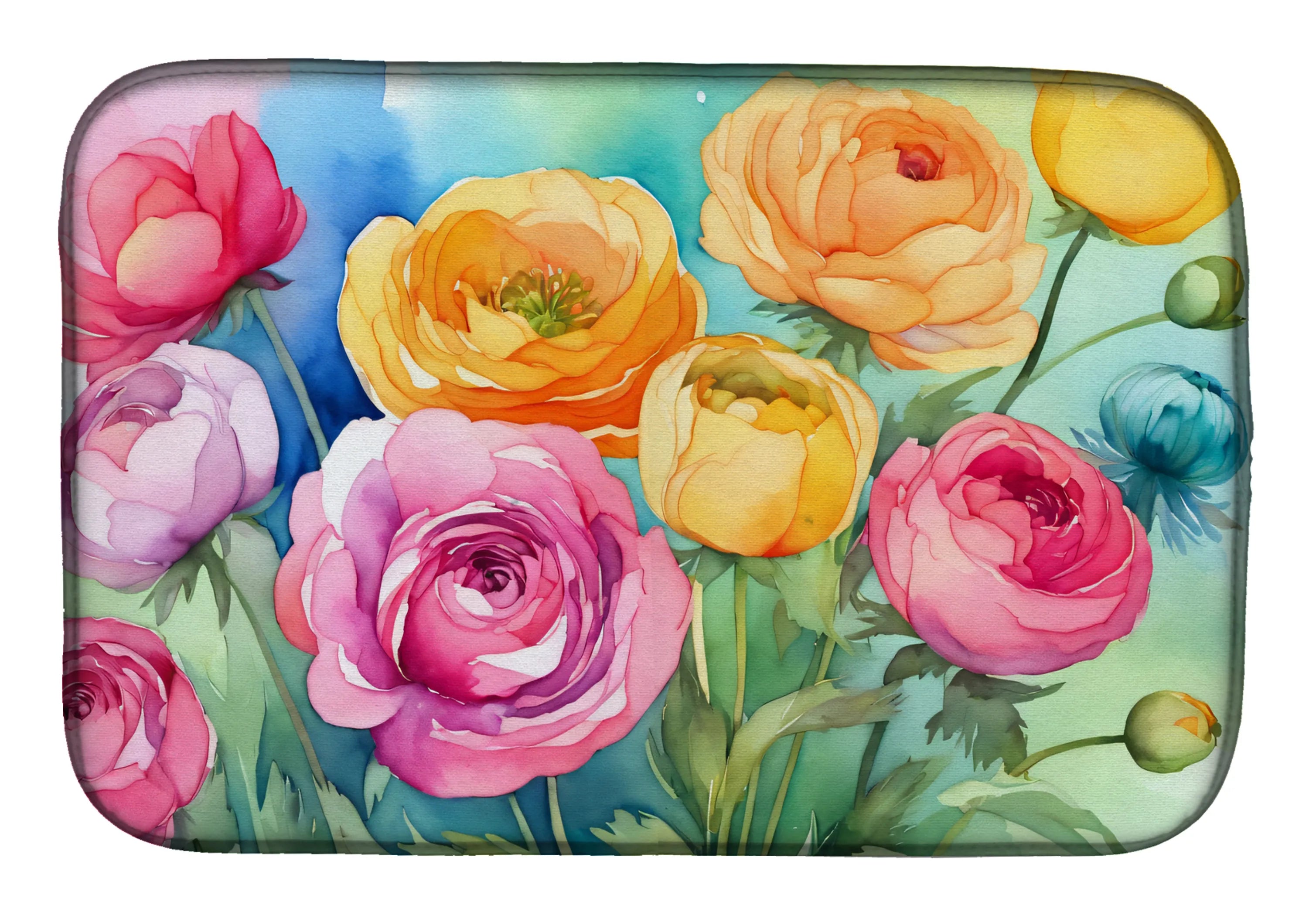 Flowers in Watercolor Dish Drying Mat - Size: 14  X 21" | Pack Of: 1 | Collection name: Flowers in watercolor