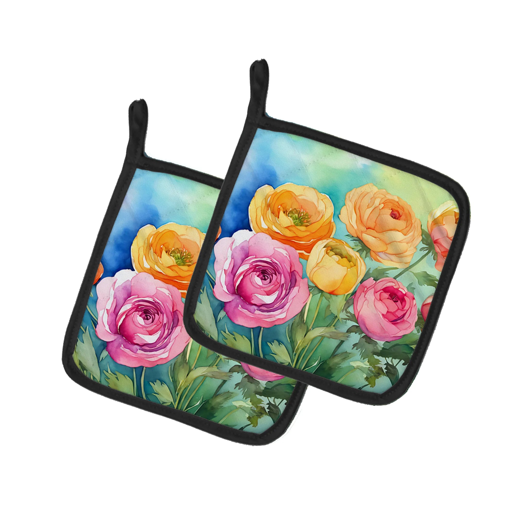 Flowers in Watercolor Pair of Pot Holders - Size: 7.5HX7.5W | Pack Of: 1 | Collection name: Flowers in watercolor