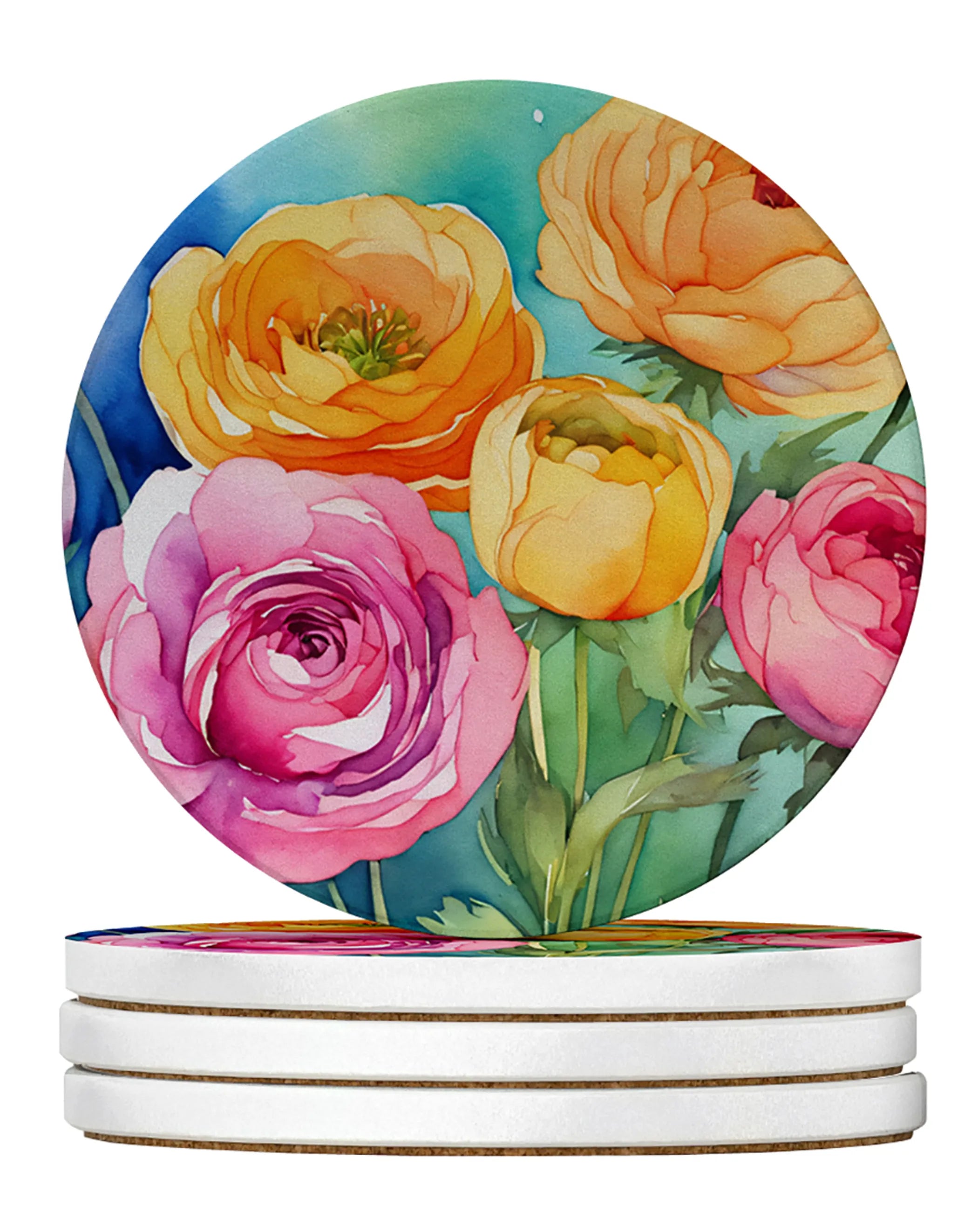 Flowers in Watercolor Large Sandstone Coasters