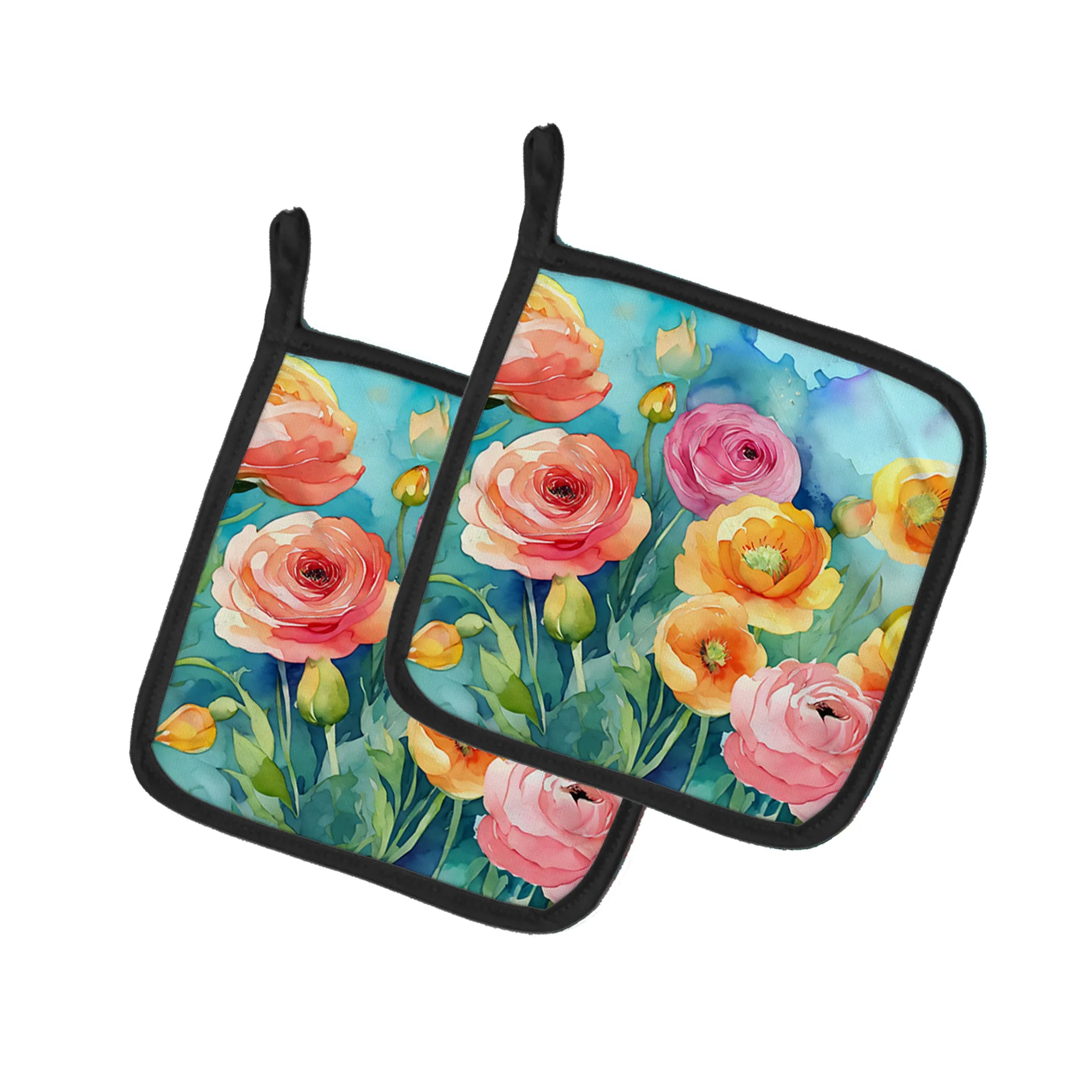Flowers in Watercolor Pair of Pot Holders - Size: 7.5HX7.5W | Pack Of: 1 | Collection name: Flowers in watercolor