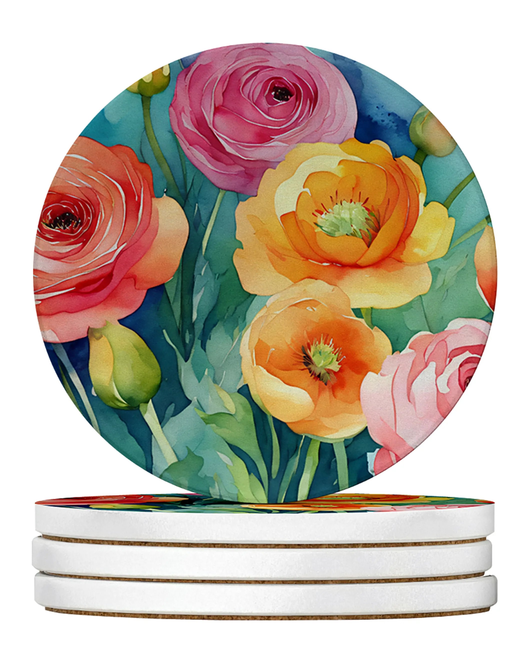 Flowers in Watercolor Large Sandstone Coasters