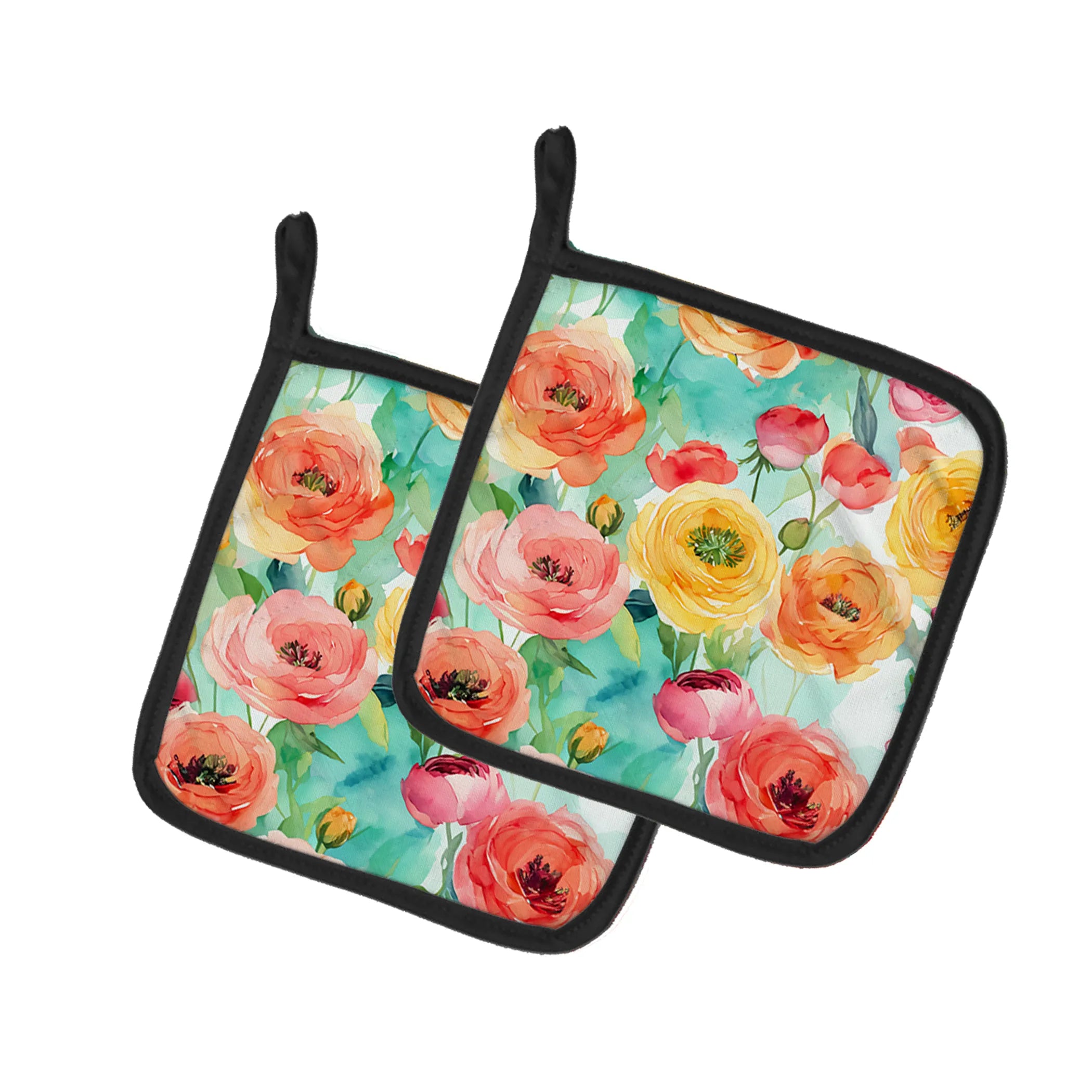 Flowers in Watercolor Pair of Pot Holders - Size: 7.5HX7.5W | Pack Of: 1 | Collection name: Flowers in watercolor